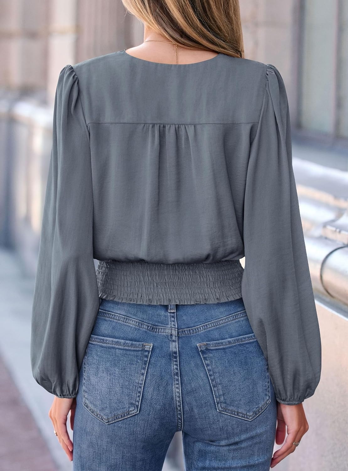 image:imagePRETTYGARDEN Womens Long Sleeve V Neck Wrap BlouseGrey Blue