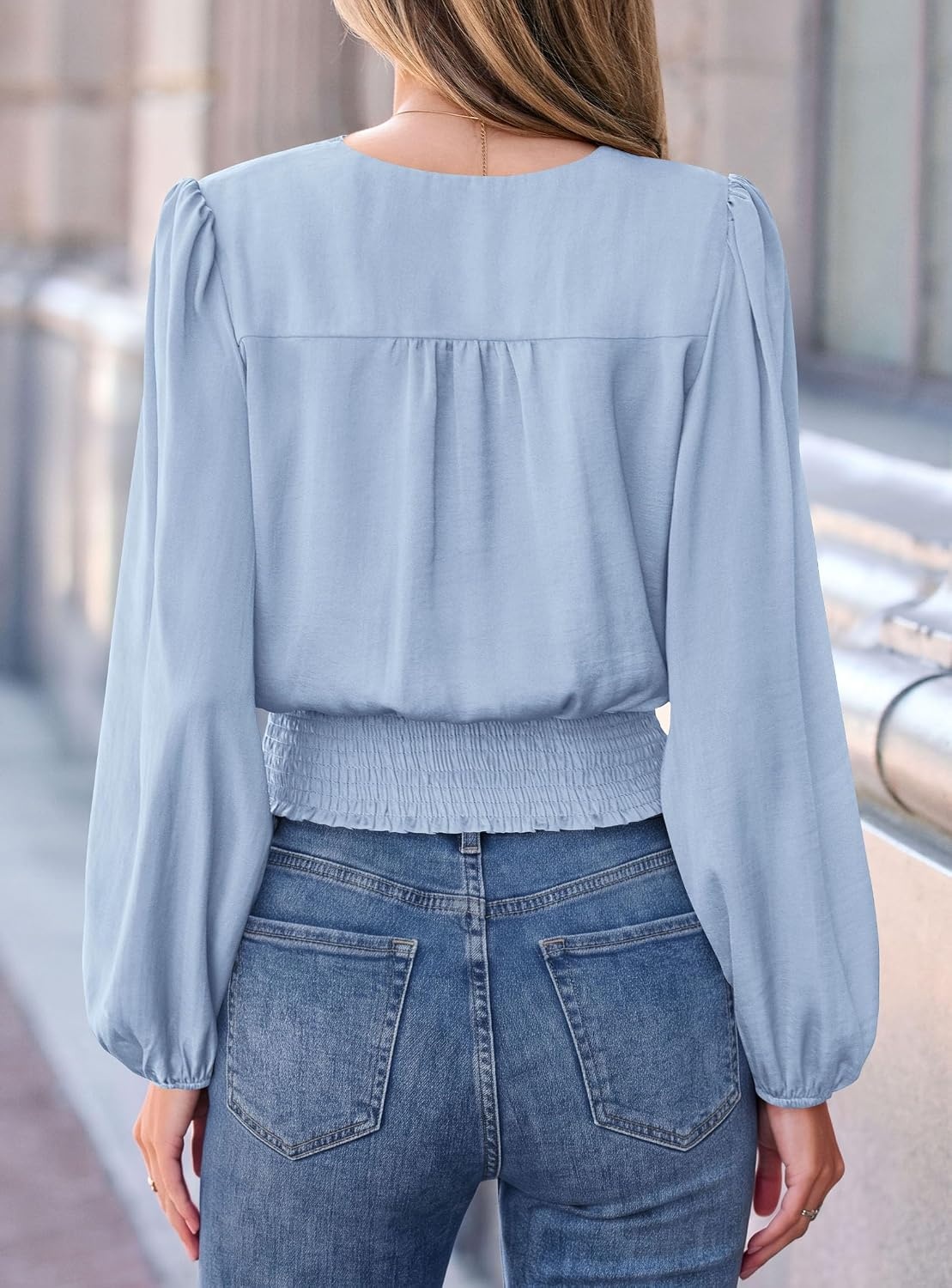 image:imagePRETTYGARDEN Womens Long Sleeve V Neck Wrap BlouseLight Blue