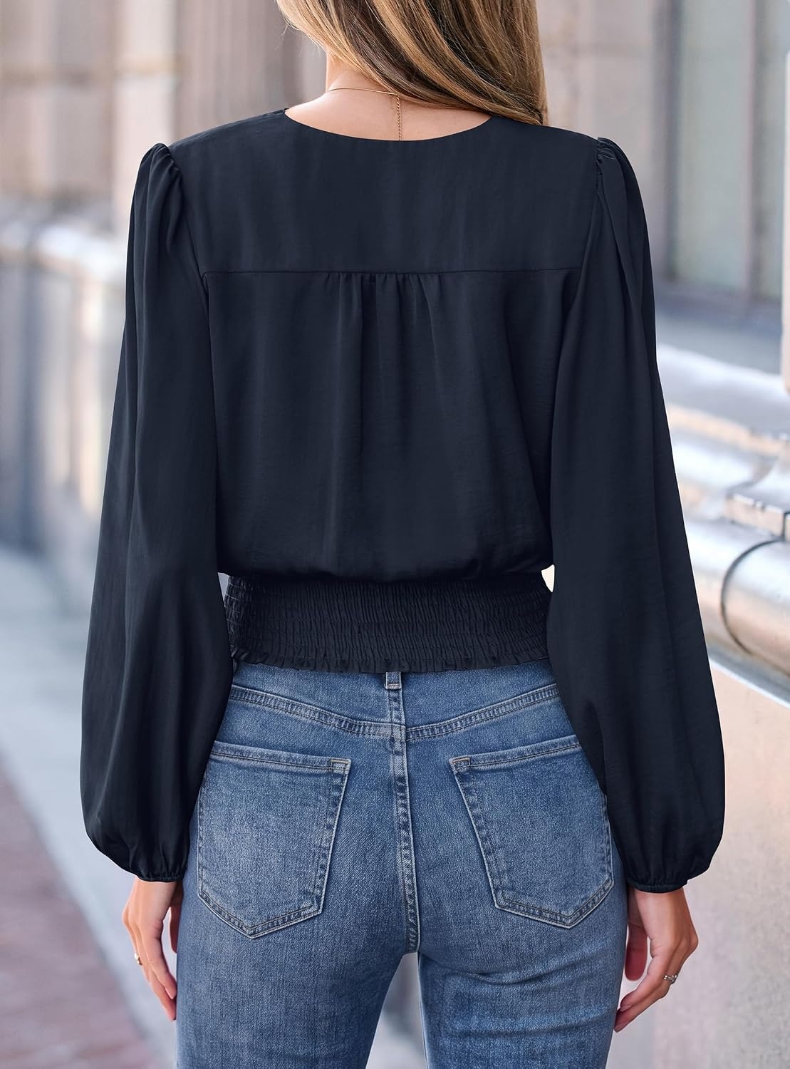 image:imagePRETTYGARDEN Womens Long Sleeve V Neck Wrap BlouseNavy