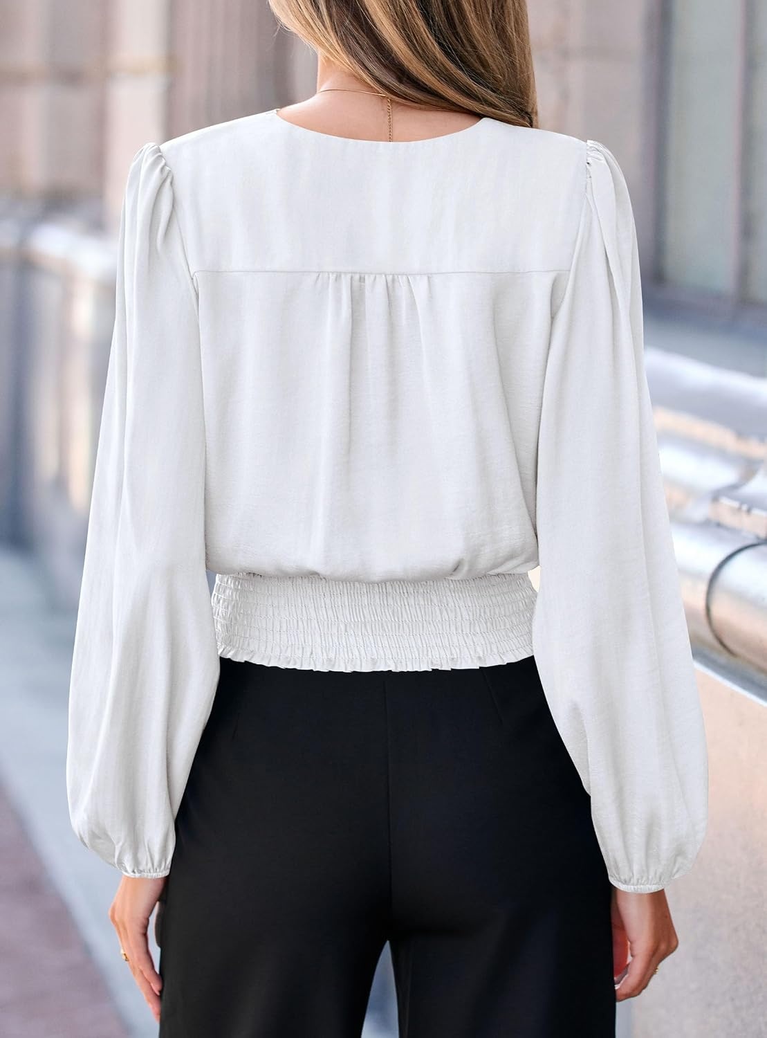 image:imagePRETTYGARDEN Womens Long Sleeve V Neck Wrap BlouseWhite