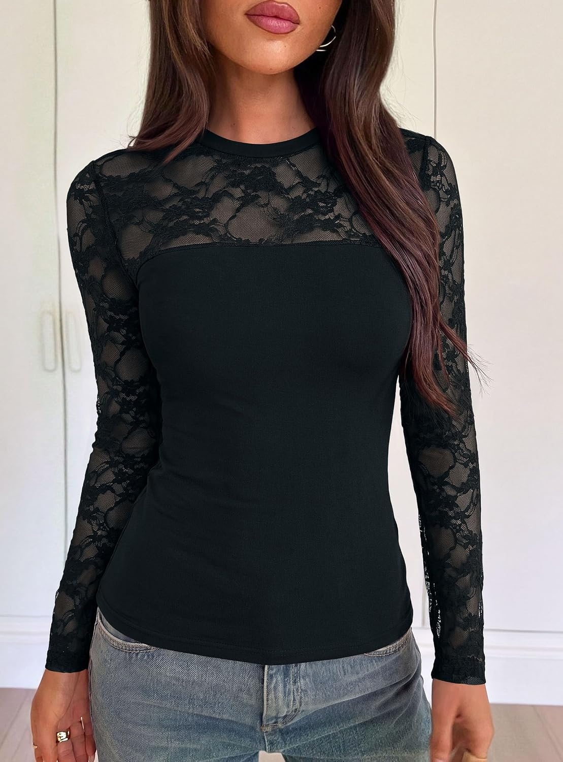 image:imagePRETTYGARDEN Womens Mesh Sheer Shirts Lace Long Sleeve TopsBlack