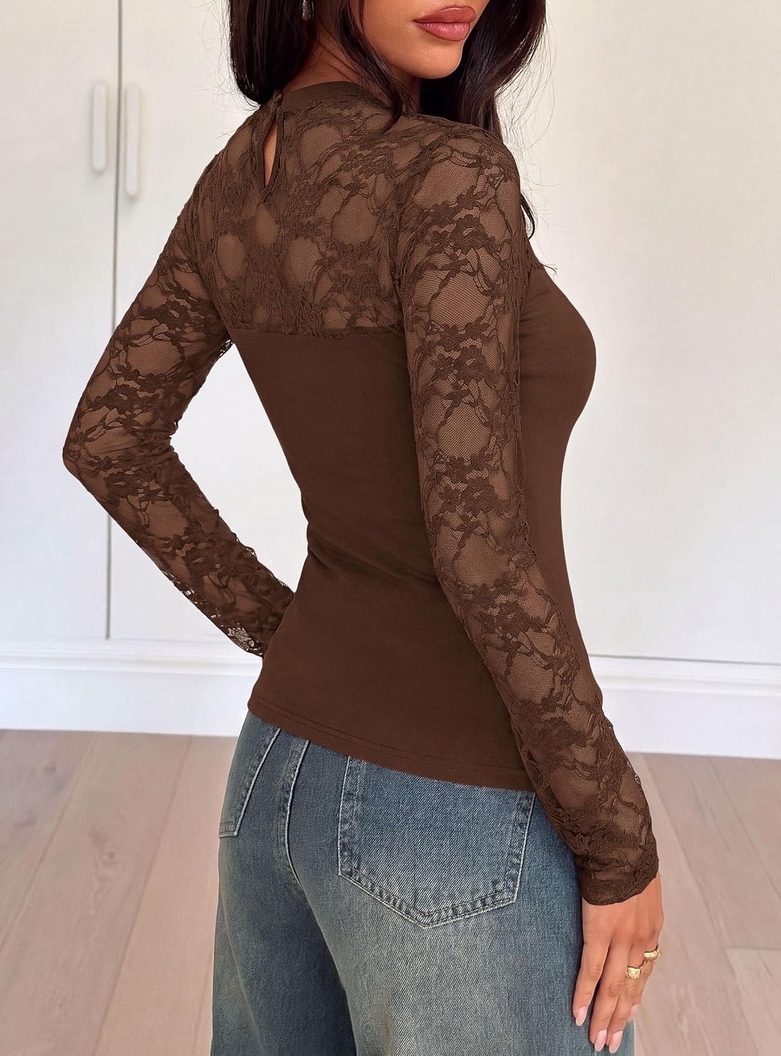 image:imagePRETTYGARDEN Womens Mesh Sheer Shirts Lace Long Sleeve TopsBrown