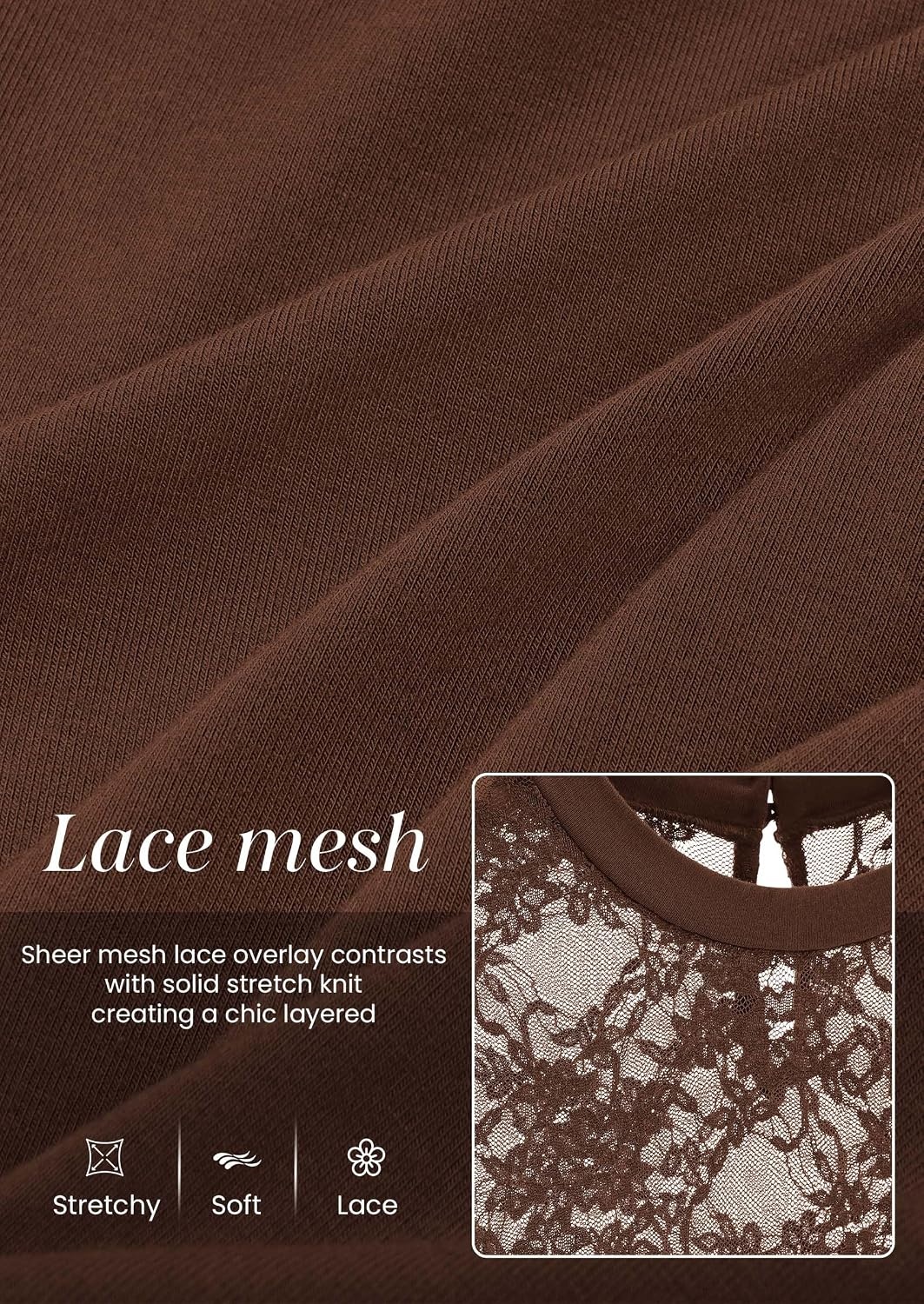 image:imagePRETTYGARDEN Womens Mesh Sheer Shirts Lace Long Sleeve TopsBrown