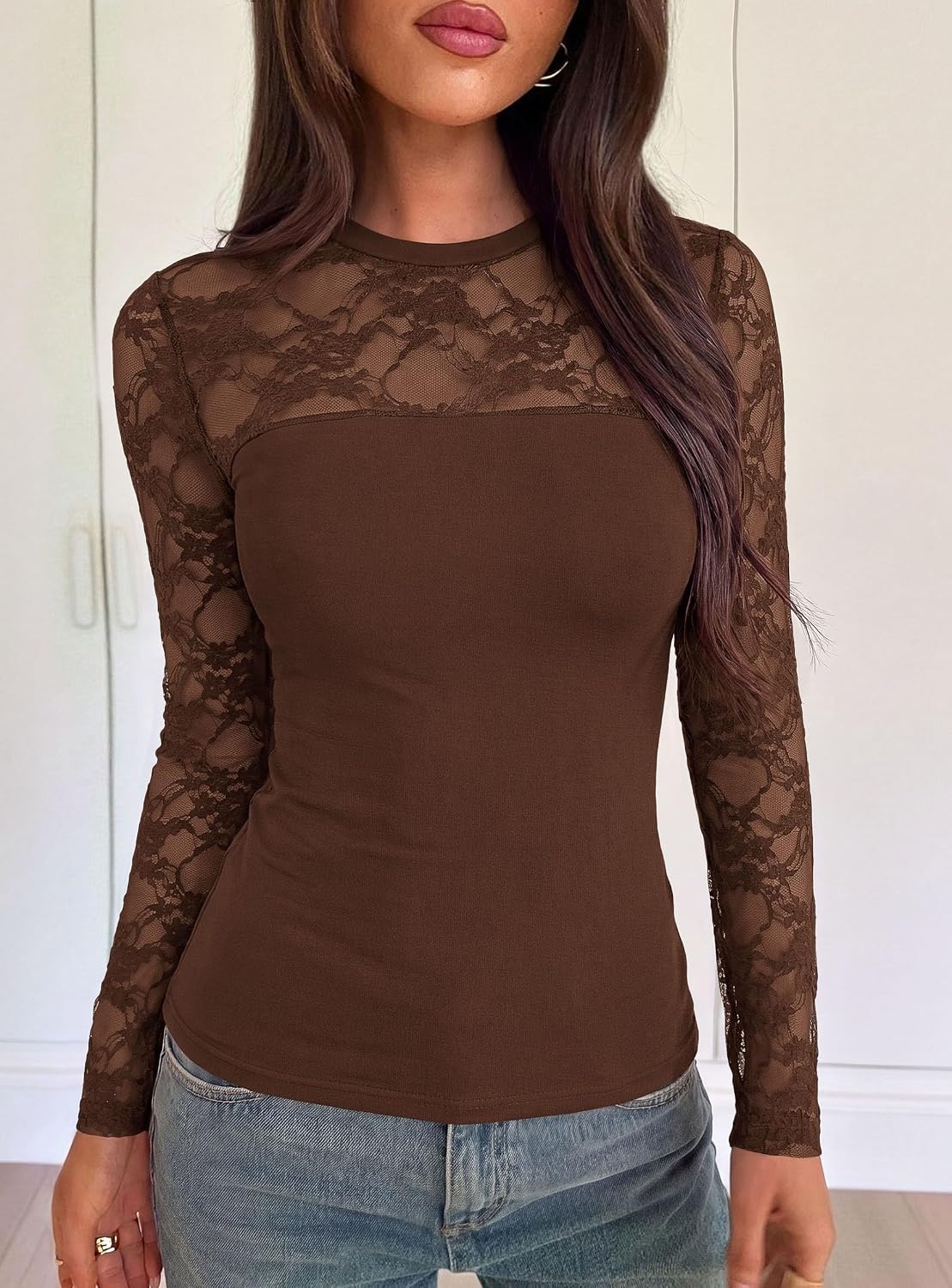 image:imagePRETTYGARDEN Womens Mesh Sheer Shirts Lace Long Sleeve TopsBrown
