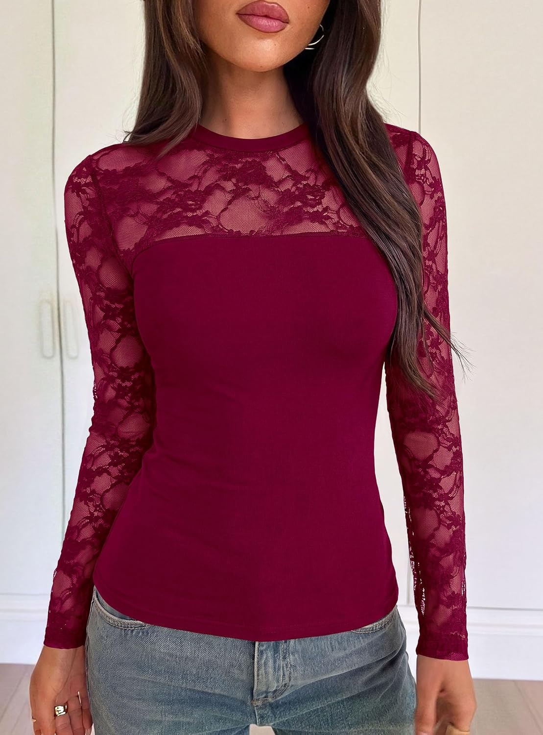 image:imagePRETTYGARDEN Womens Mesh Sheer Shirts Lace Long Sleeve TopsBurgundy