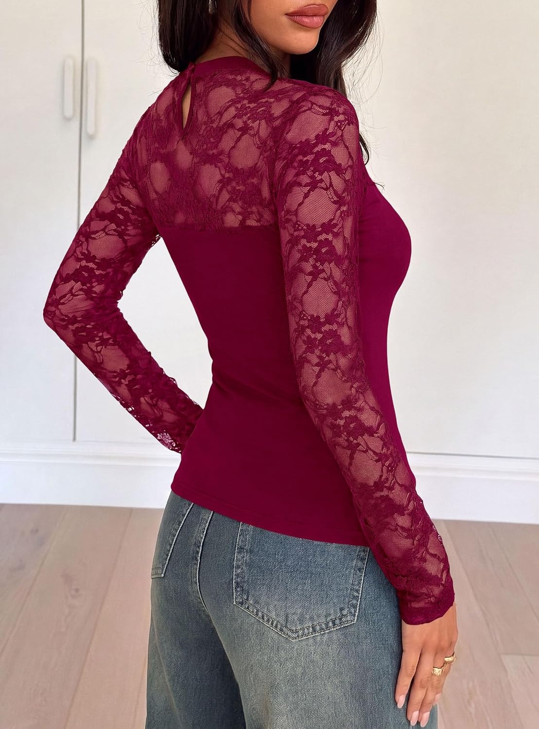 image:imagePRETTYGARDEN Womens Mesh Sheer Shirts Lace Long Sleeve TopsBurgundy