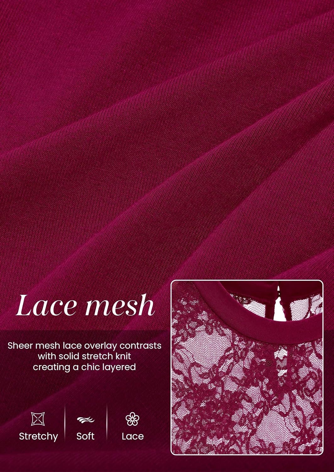 image:imagePRETTYGARDEN Womens Mesh Sheer Shirts Lace Long Sleeve TopsBurgundy