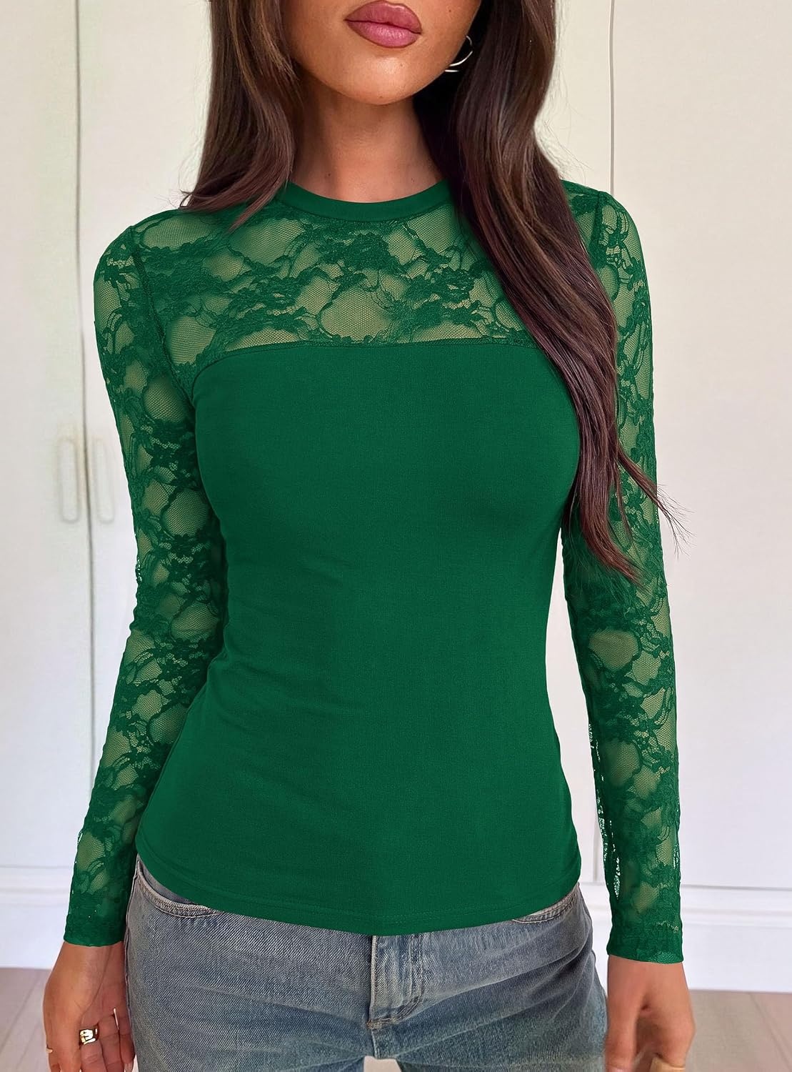 image:imagePRETTYGARDEN Womens Mesh Sheer Shirts Lace Long Sleeve TopsGreen