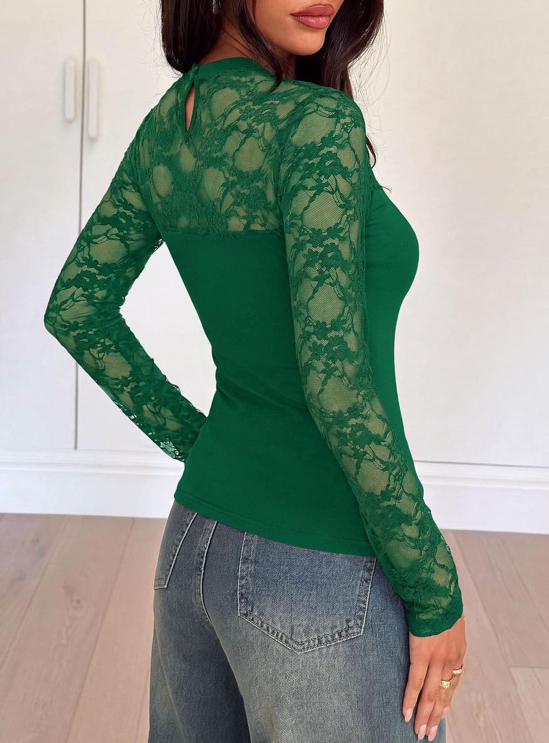 image:imagePRETTYGARDEN Womens Mesh Sheer Shirts Lace Long Sleeve TopsGreen