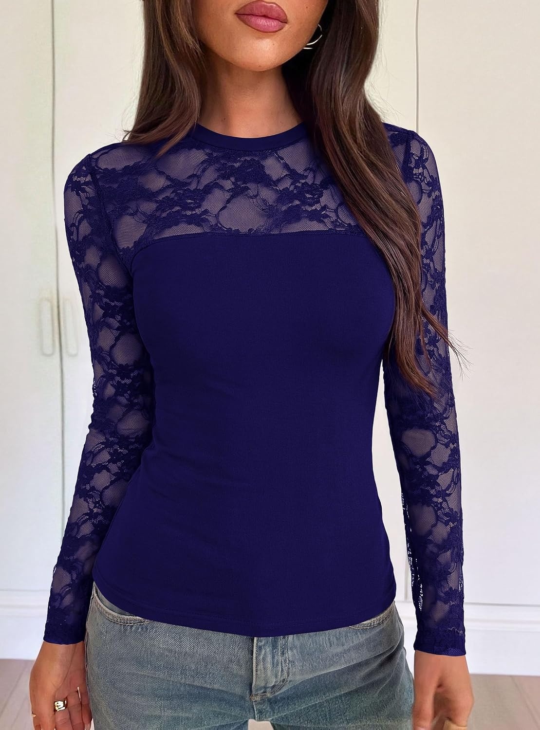 image:imagePRETTYGARDEN Womens Mesh Sheer Shirts Lace Long Sleeve TopsNavy