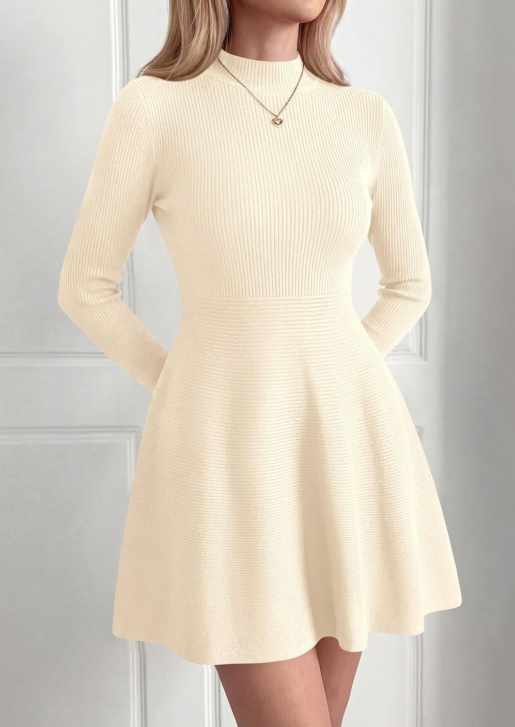 image:imagePRETTYGARDEN Womens Mock Neck Long Sleeve Sweater Mini DressBeige