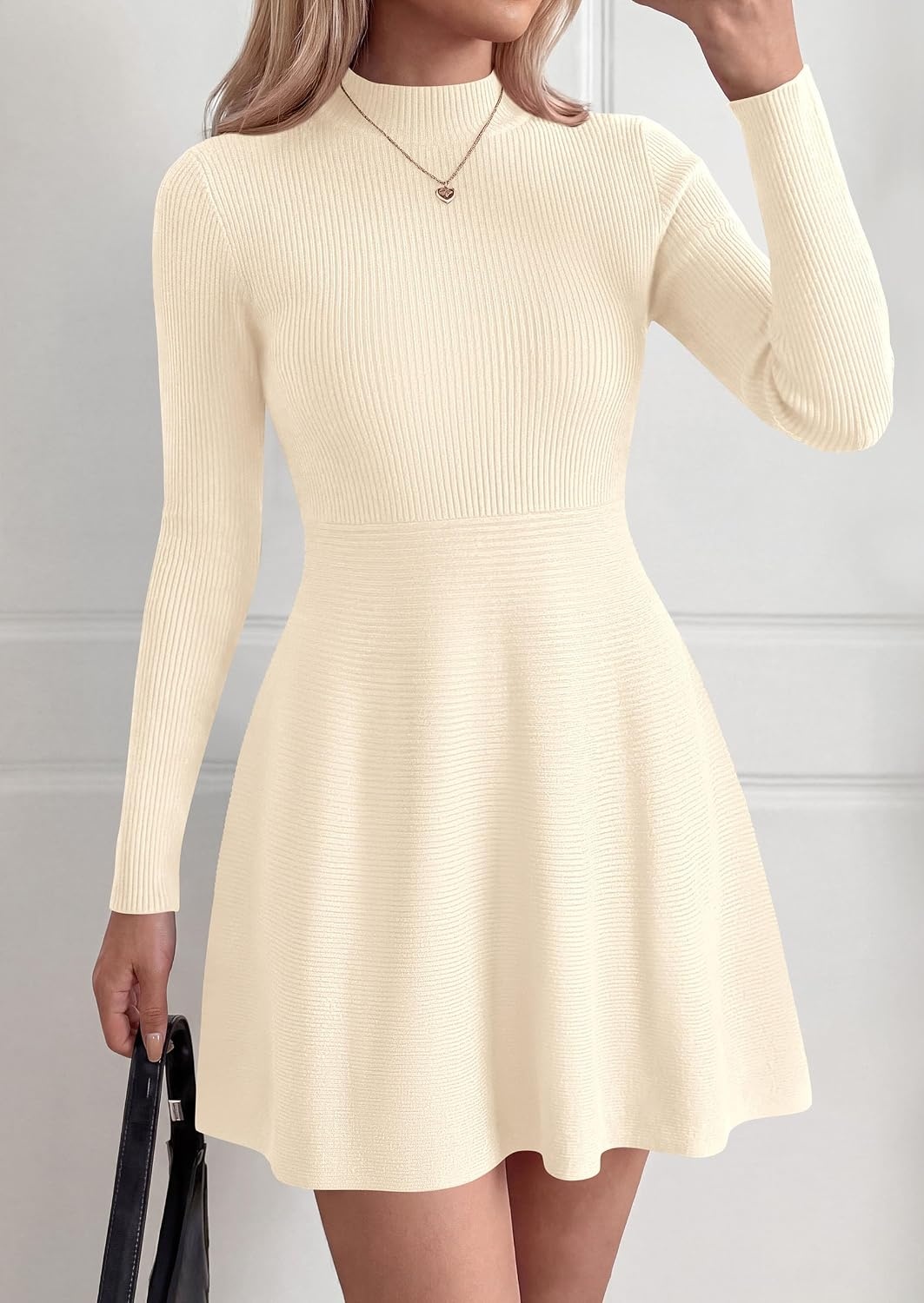 image:imagePRETTYGARDEN Womens Mock Neck Long Sleeve Sweater Mini DressBeige