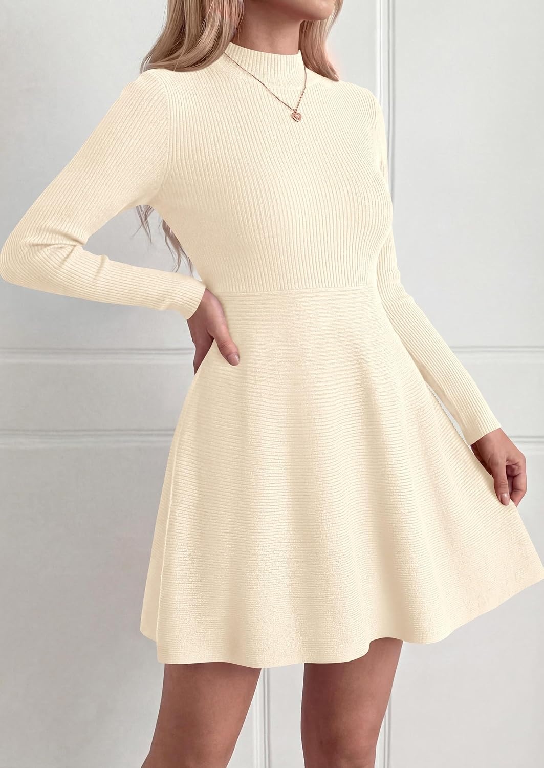 image:imagePRETTYGARDEN Womens Mock Neck Long Sleeve Sweater Mini DressBeige