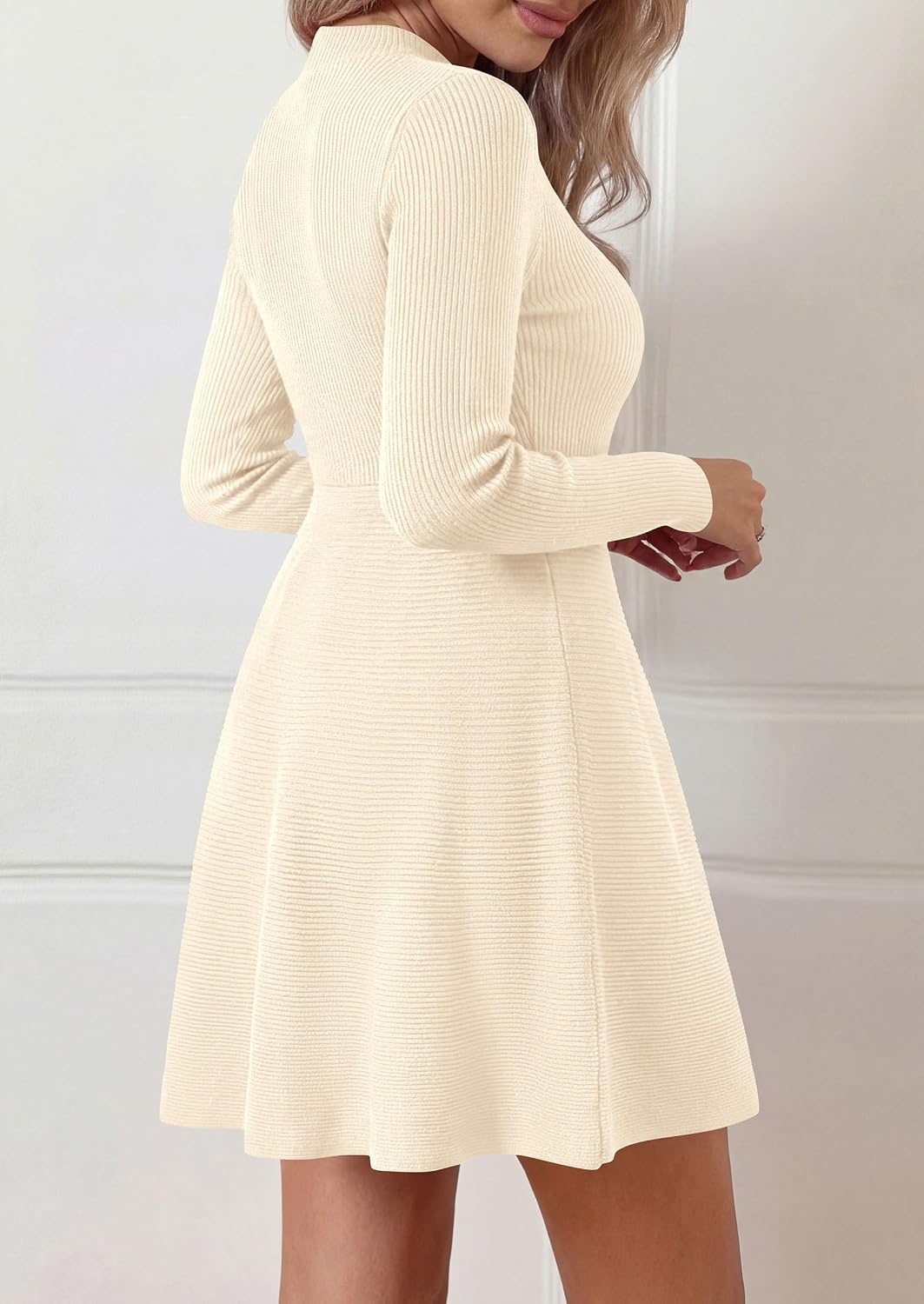 image:imagePRETTYGARDEN Womens Mock Neck Long Sleeve Sweater Mini DressBeige