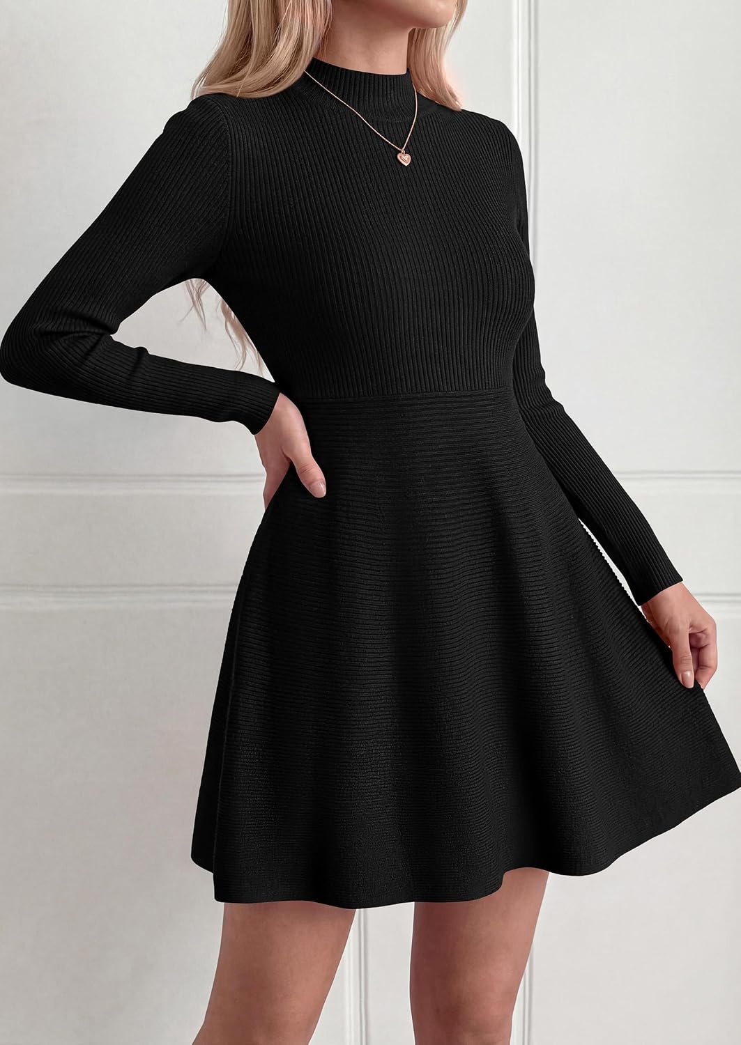 image:imagePRETTYGARDEN Womens Mock Neck Long Sleeve Sweater Mini DressBlack