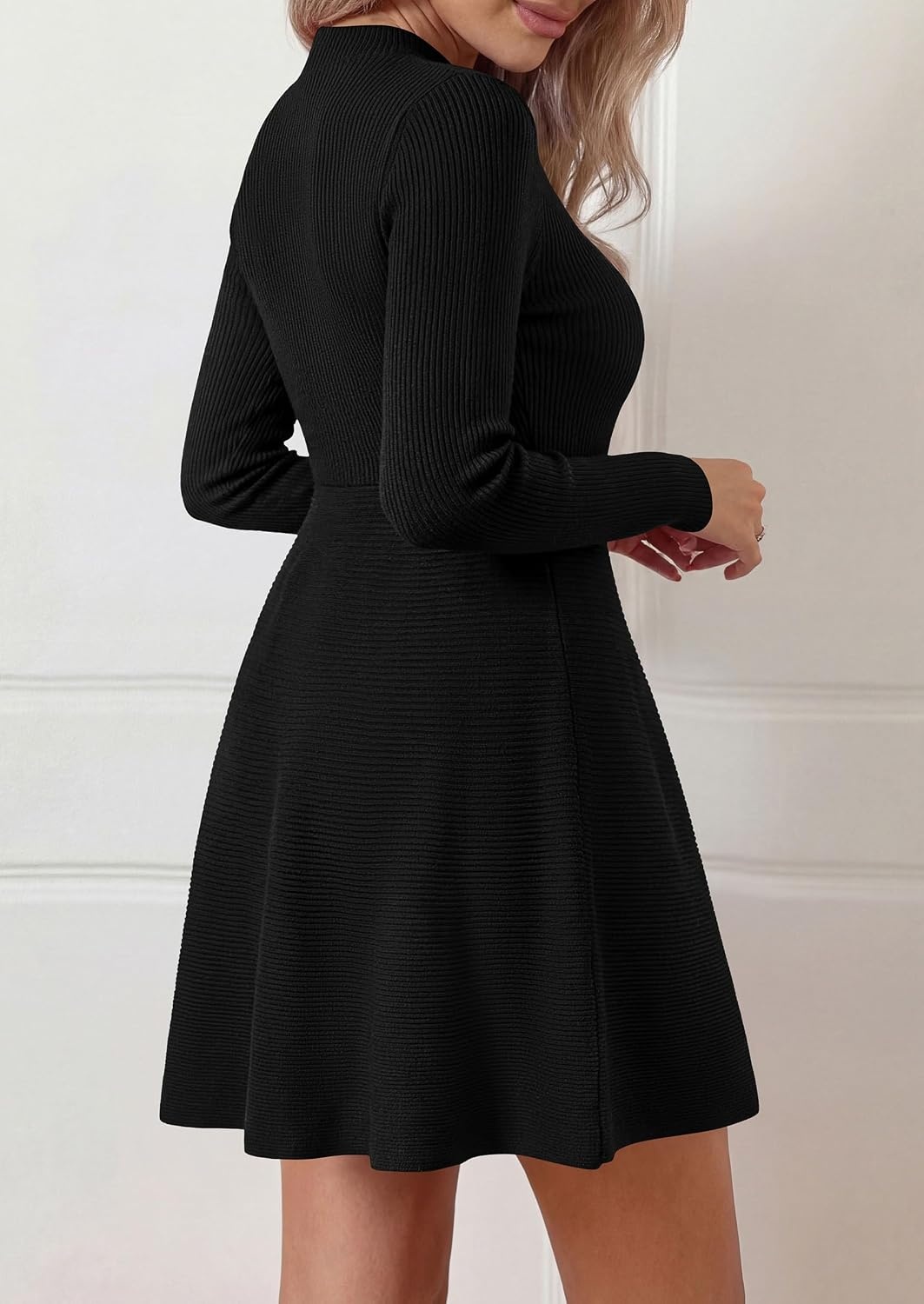 image:imagePRETTYGARDEN Womens Mock Neck Long Sleeve Sweater Mini DressBlack