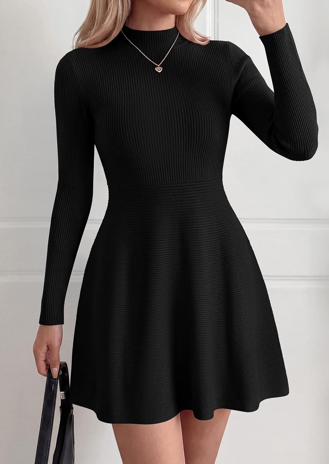 image:imagePRETTYGARDEN Womens Mock Neck Long Sleeve Sweater Mini DressBlack