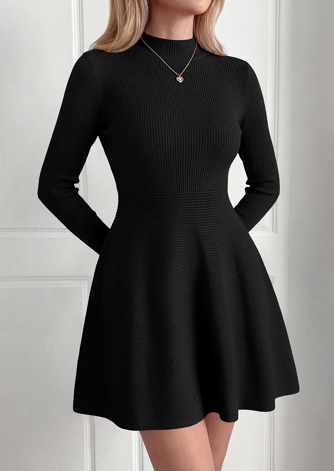 image:imagePRETTYGARDEN Womens Mock Neck Long Sleeve Sweater Mini DressBlack