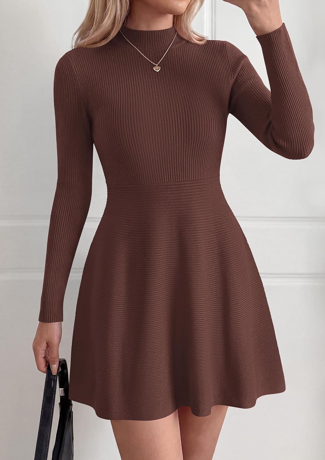 image:imagePRETTYGARDEN Womens Mock Neck Long Sleeve Sweater Mini DressBrown
