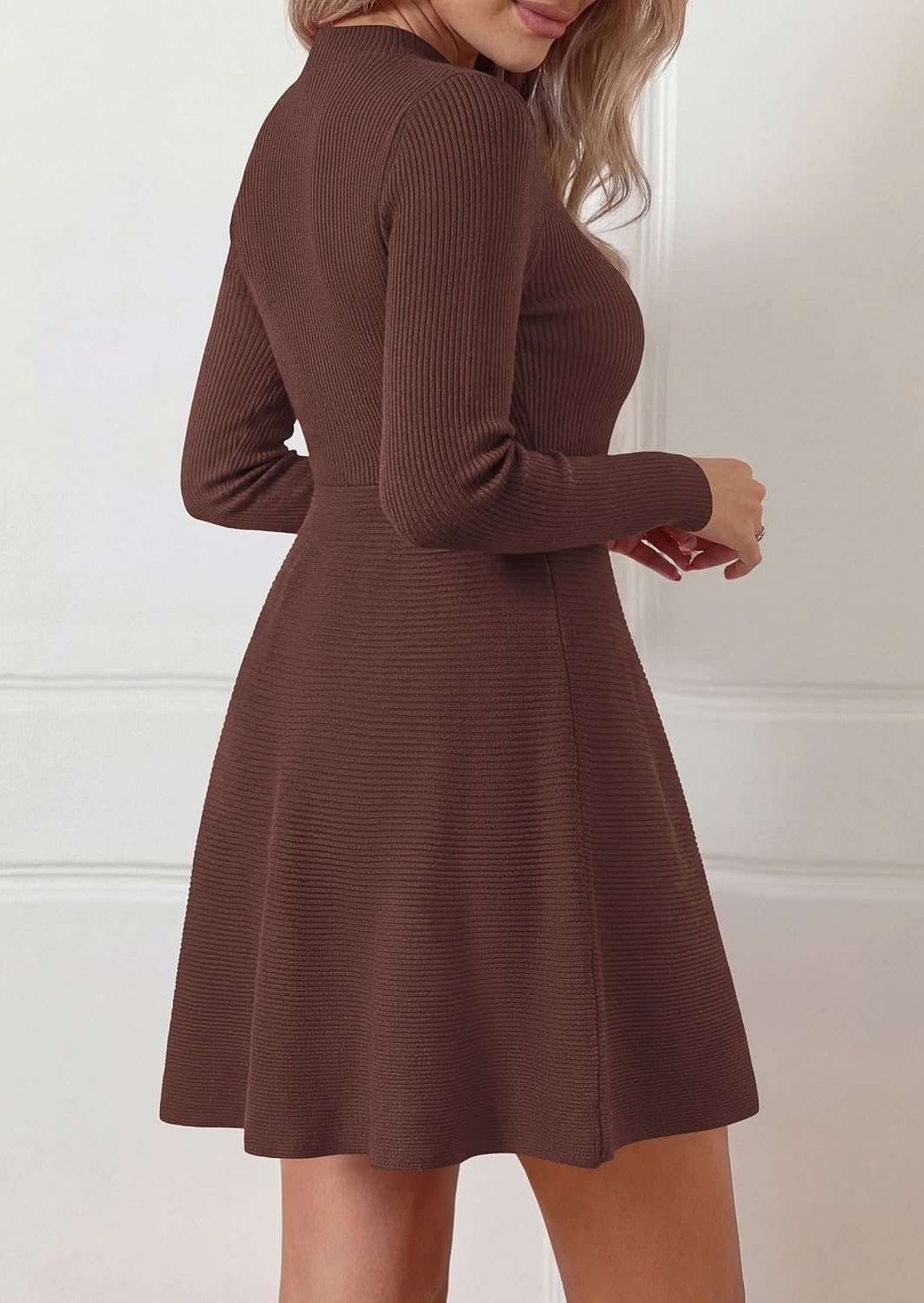 image:imagePRETTYGARDEN Womens Mock Neck Long Sleeve Sweater Mini DressBrown