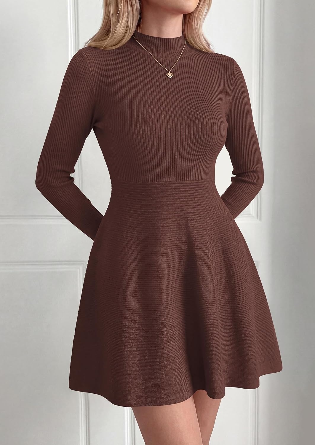image:imagePRETTYGARDEN Womens Mock Neck Long Sleeve Sweater Mini DressBrown