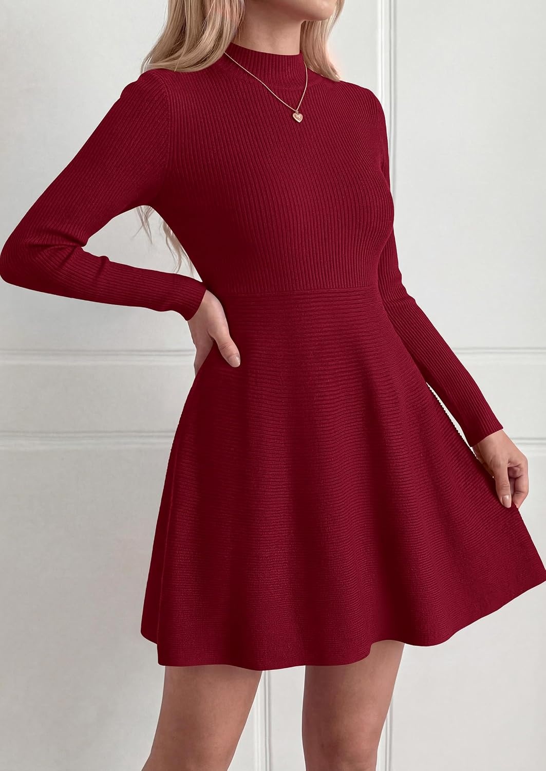 image:imagePRETTYGARDEN Womens Mock Neck Long Sleeve Sweater Mini DressBurgundy