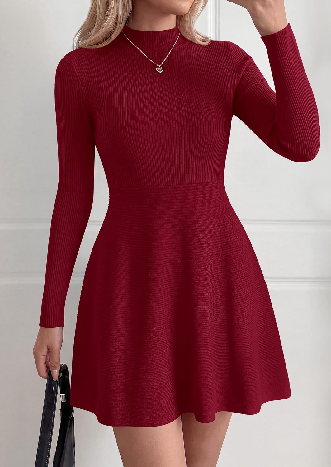 image:imagePRETTYGARDEN Womens Mock Neck Long Sleeve Sweater Mini DressBurgundy