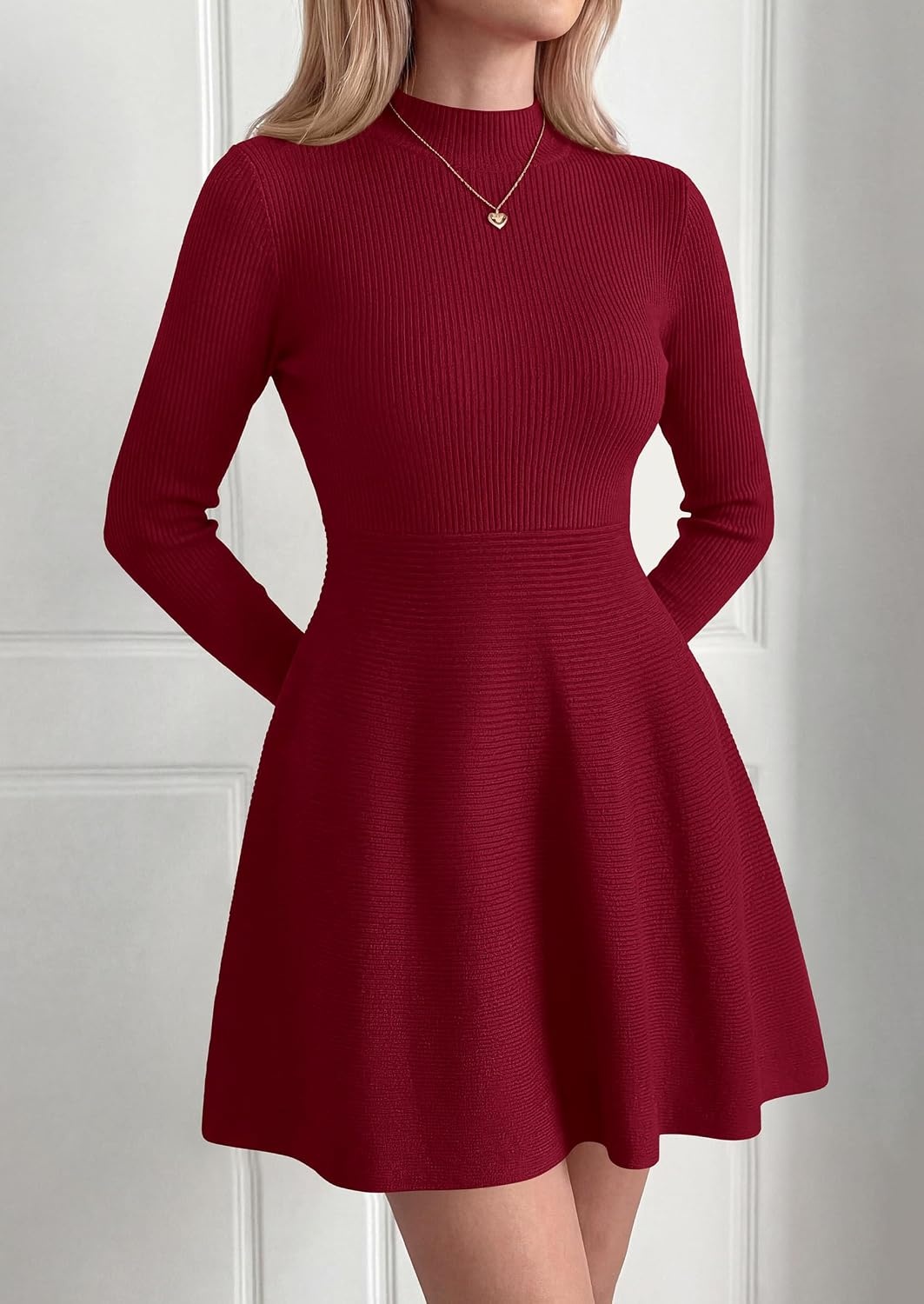 image:imagePRETTYGARDEN Womens Mock Neck Long Sleeve Sweater Mini DressBurgundy