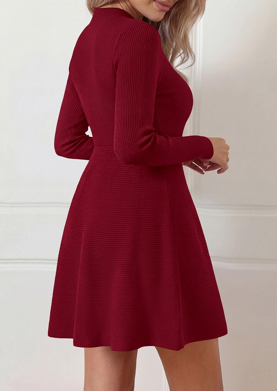 image:imagePRETTYGARDEN Womens Mock Neck Long Sleeve Sweater Mini DressBurgundy