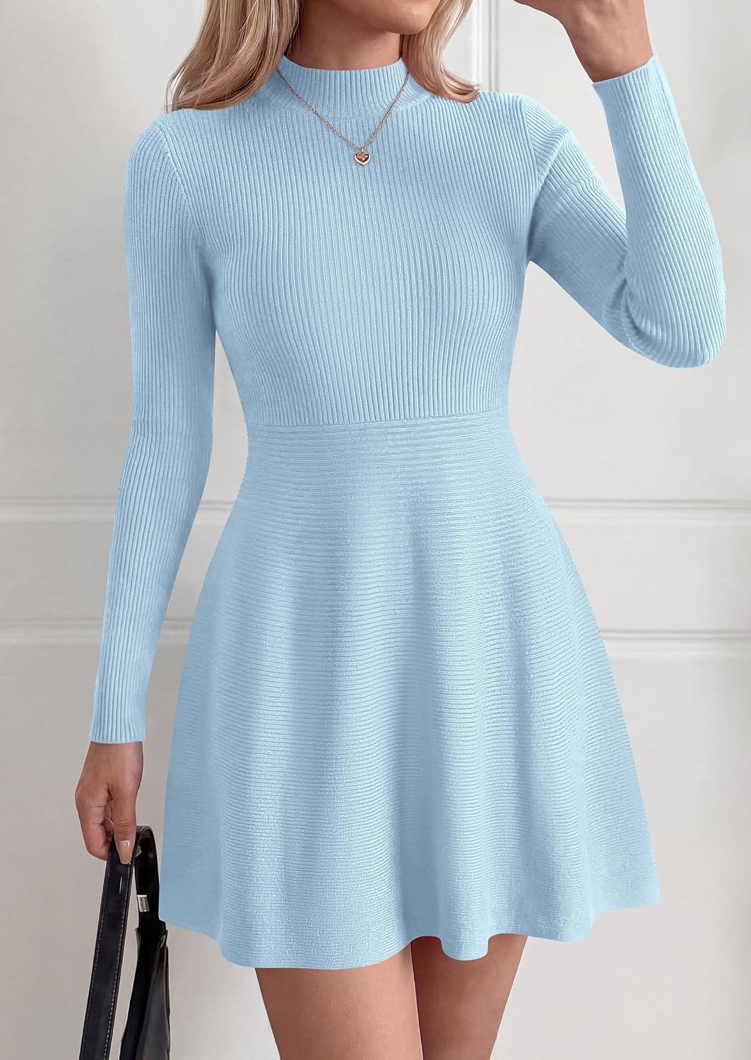 image:imagePRETTYGARDEN Womens Mock Neck Long Sleeve Sweater Mini DressLight Blue