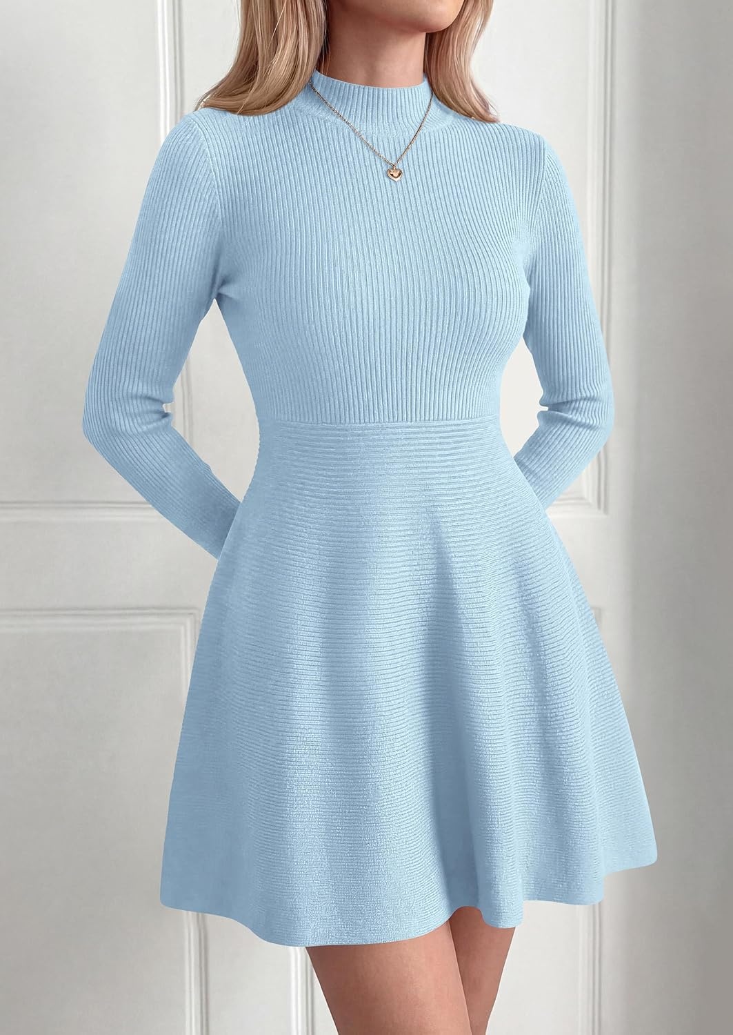 image:imagePRETTYGARDEN Womens Mock Neck Long Sleeve Sweater Mini DressLight Blue