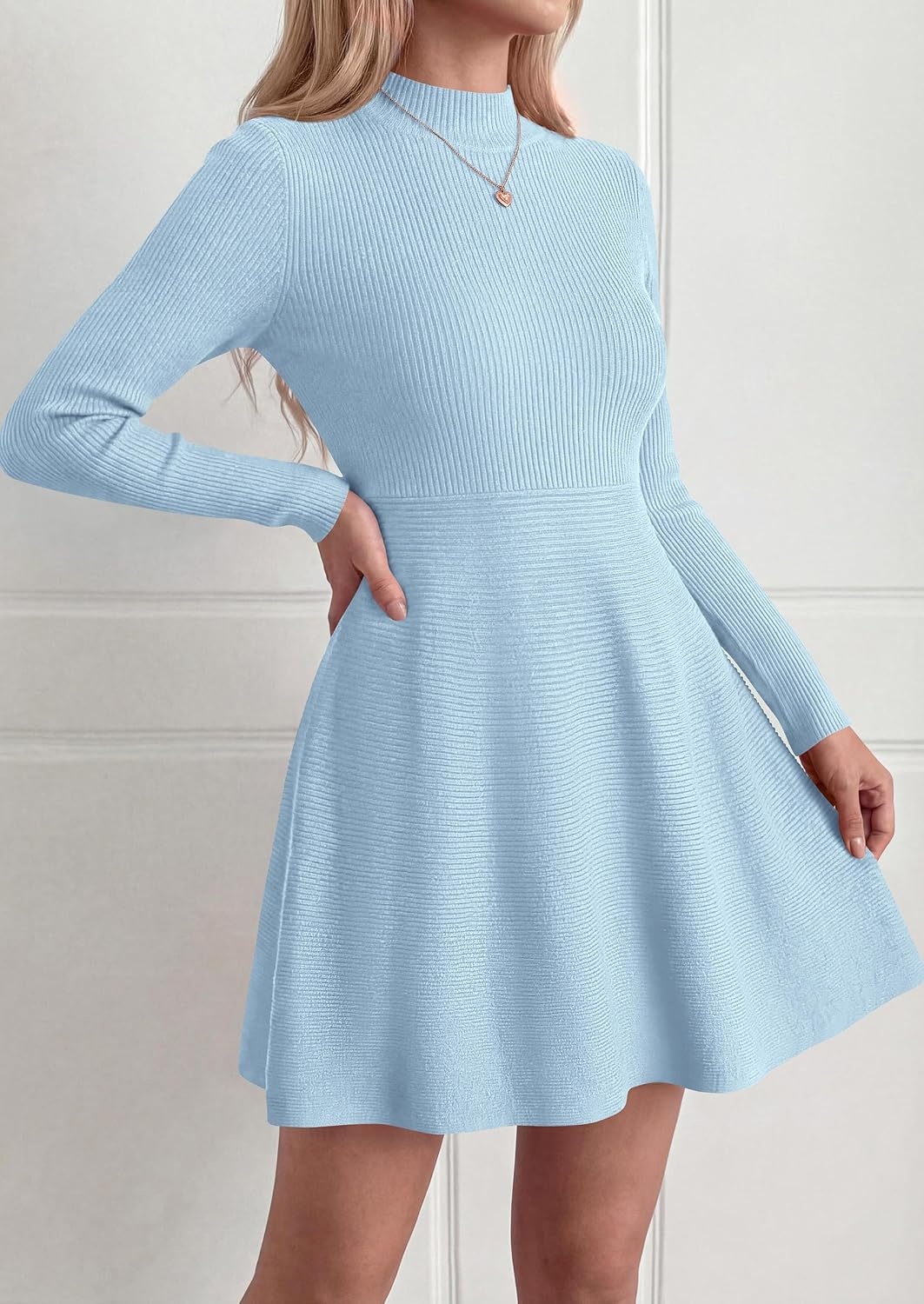 image:imagePRETTYGARDEN Womens Mock Neck Long Sleeve Sweater Mini DressLight Blue