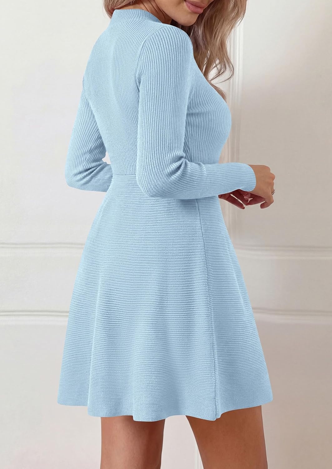 image:imagePRETTYGARDEN Womens Mock Neck Long Sleeve Sweater Mini DressLight Blue