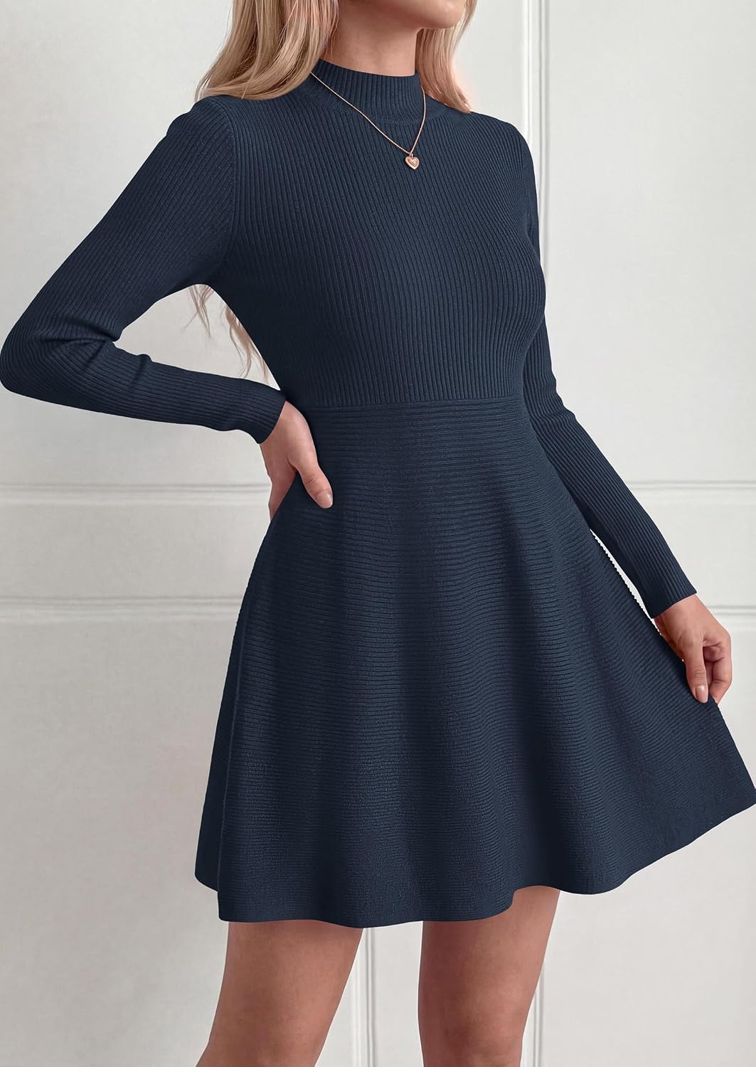 image:imagePRETTYGARDEN Womens Mock Neck Long Sleeve Sweater Mini DressNavy
