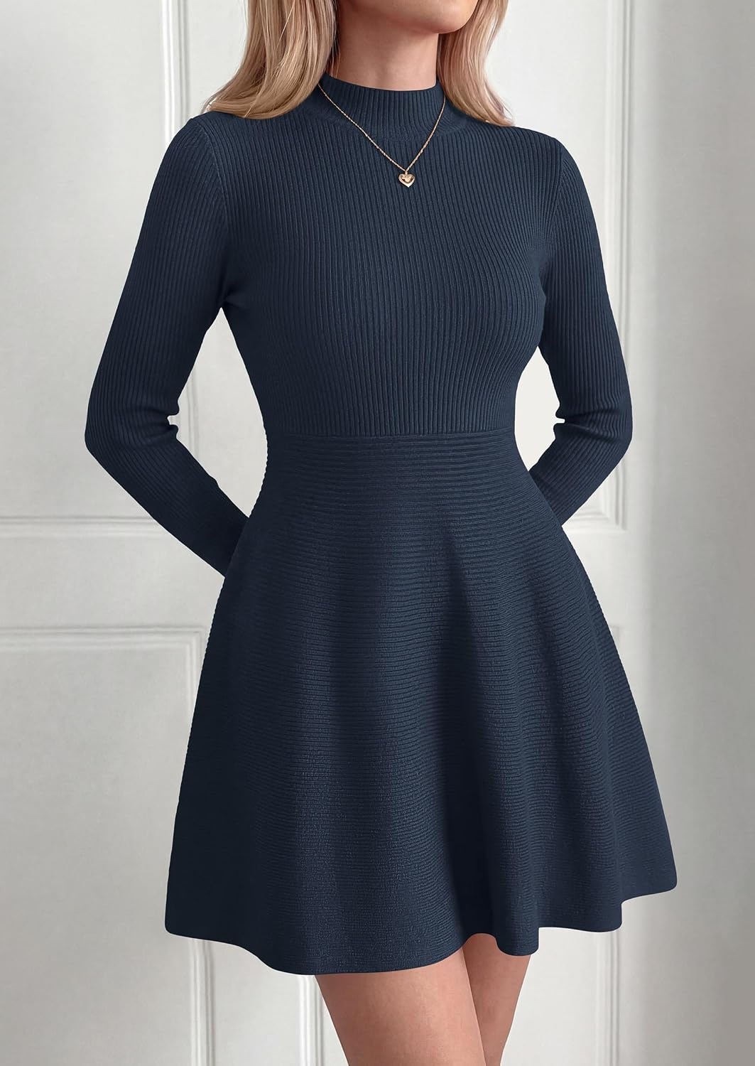 image:imagePRETTYGARDEN Womens Mock Neck Long Sleeve Sweater Mini DressNavy