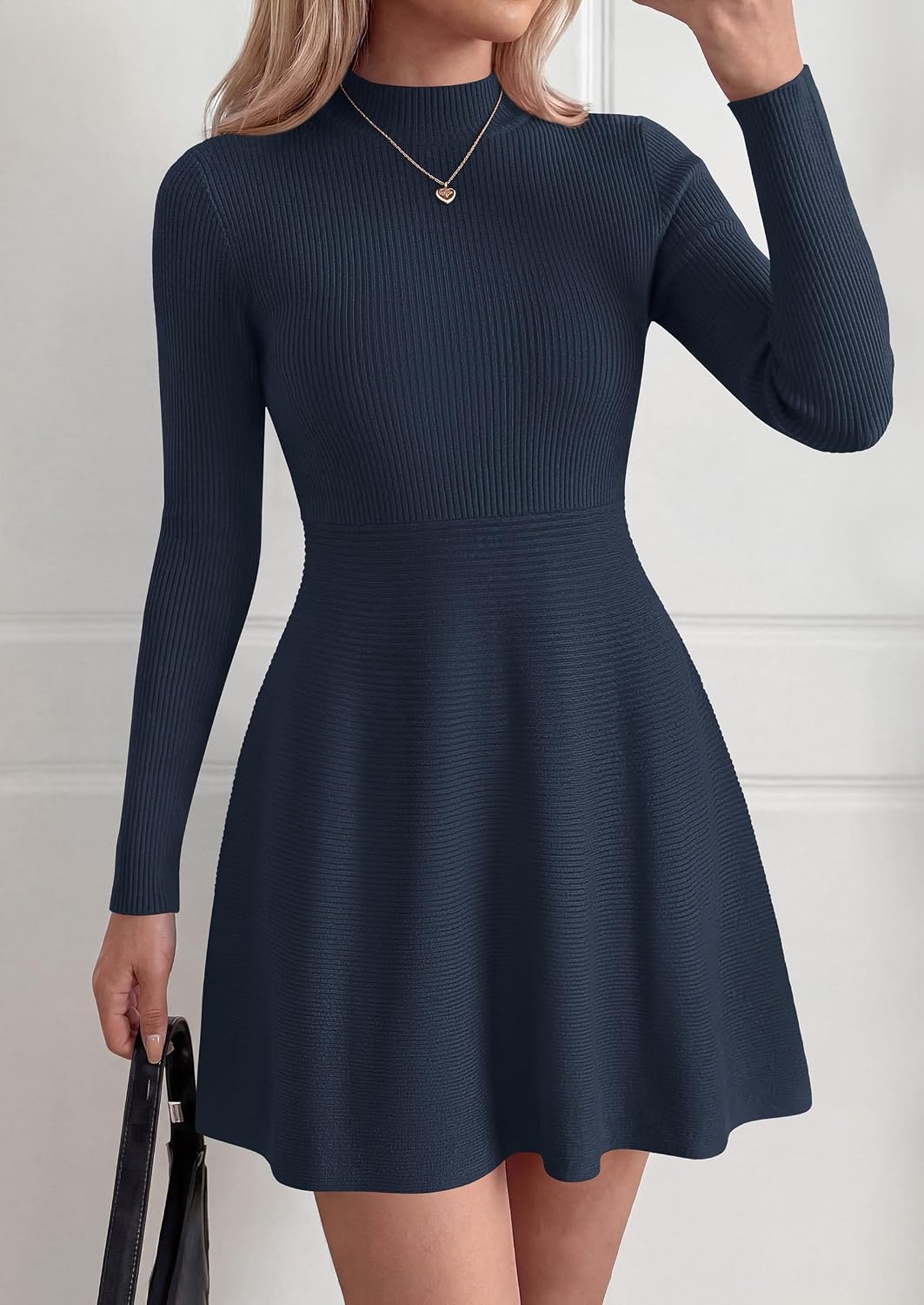 image:imagePRETTYGARDEN Womens Mock Neck Long Sleeve Sweater Mini DressNavy