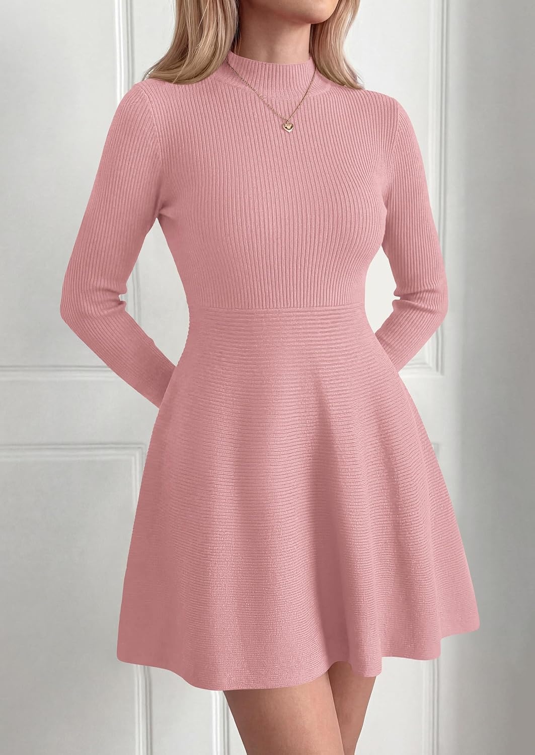 image:imagePRETTYGARDEN Womens Mock Neck Long Sleeve Sweater Mini DressPink