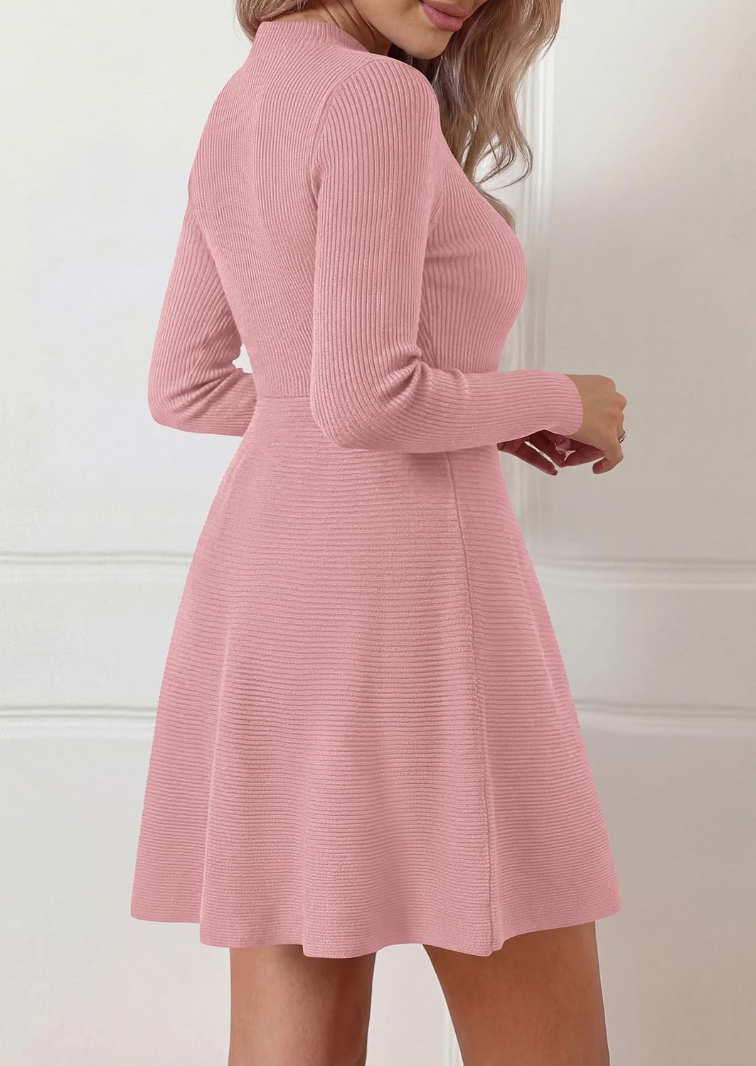image:imagePRETTYGARDEN Womens Mock Neck Long Sleeve Sweater Mini DressPink