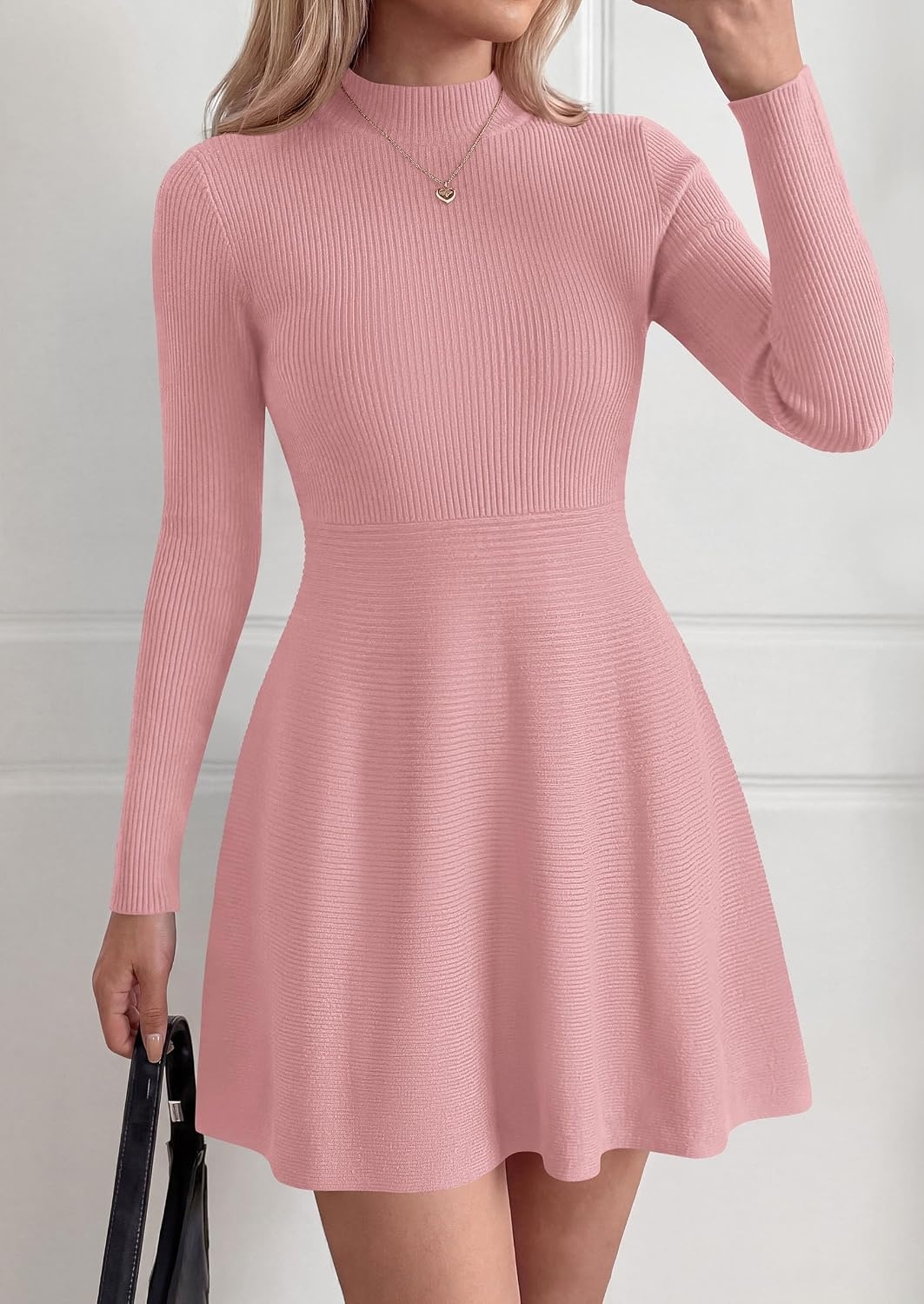 image:imagePRETTYGARDEN Womens Mock Neck Long Sleeve Sweater Mini DressPink