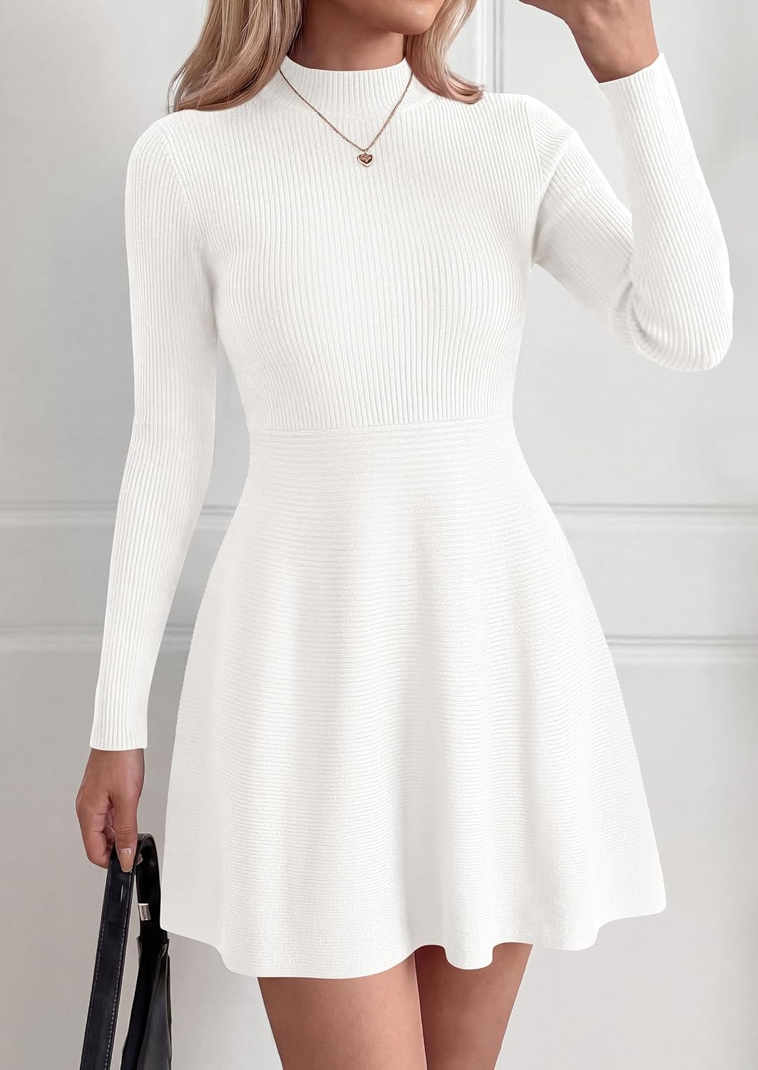 image:imagePRETTYGARDEN Womens Mock Neck Long Sleeve Sweater Mini DressWhite