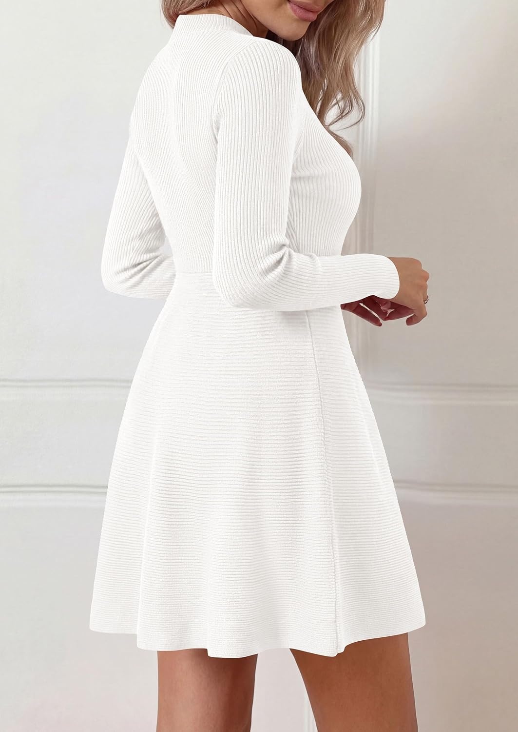 image:imagePRETTYGARDEN Womens Mock Neck Long Sleeve Sweater Mini DressWhite