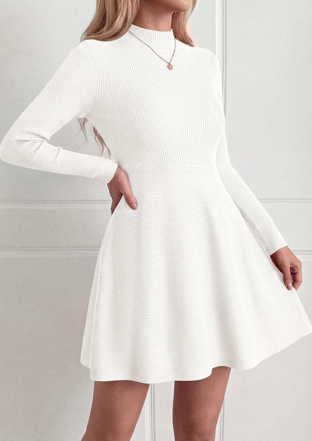 image:imagePRETTYGARDEN Womens Mock Neck Long Sleeve Sweater Mini DressWhite