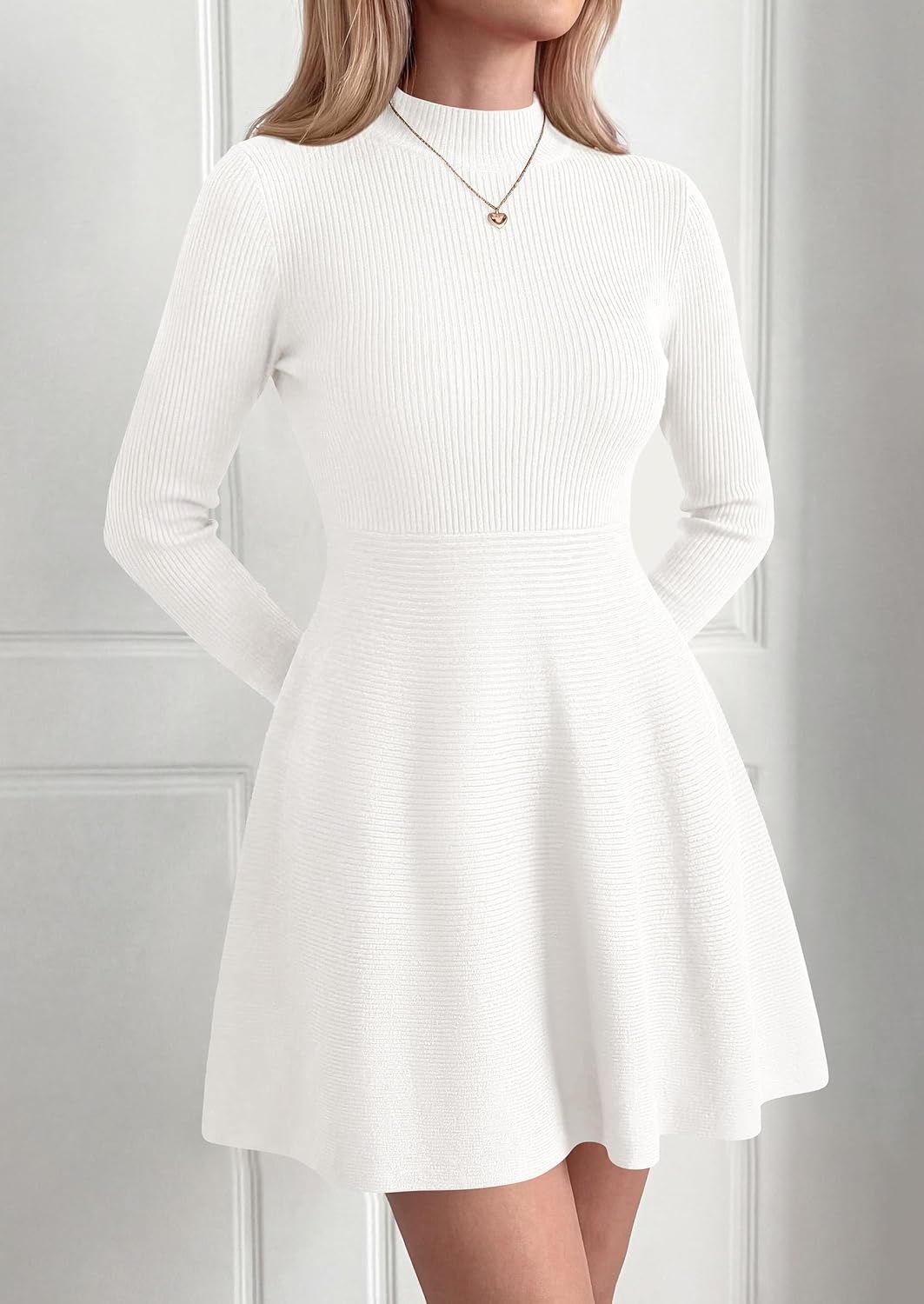 image:imagePRETTYGARDEN Womens Mock Neck Long Sleeve Sweater Mini DressWhite