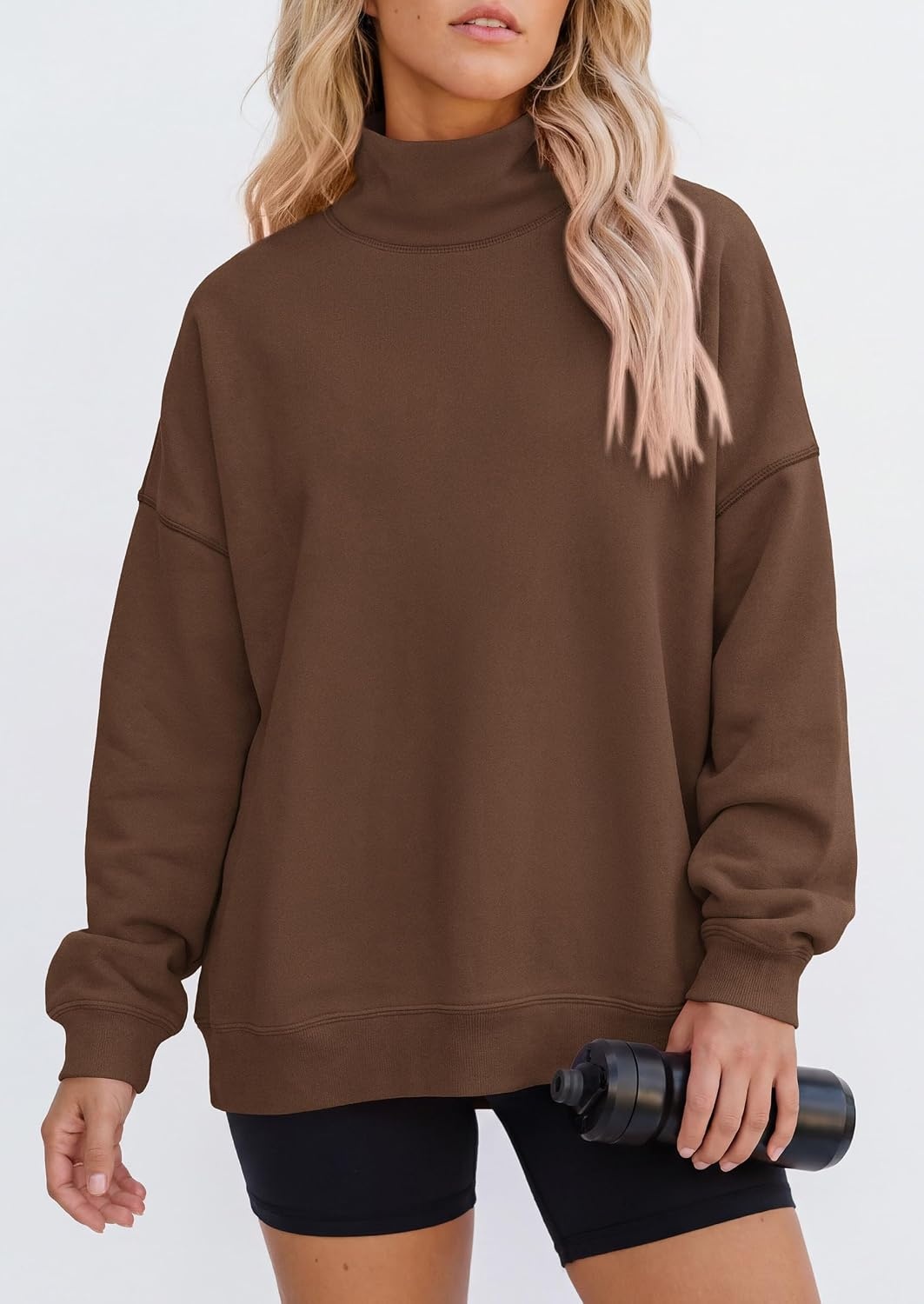 image:imagePRETTYGARDEN Womens Mock Neck Sweatshirt Oversized PulloverBrown