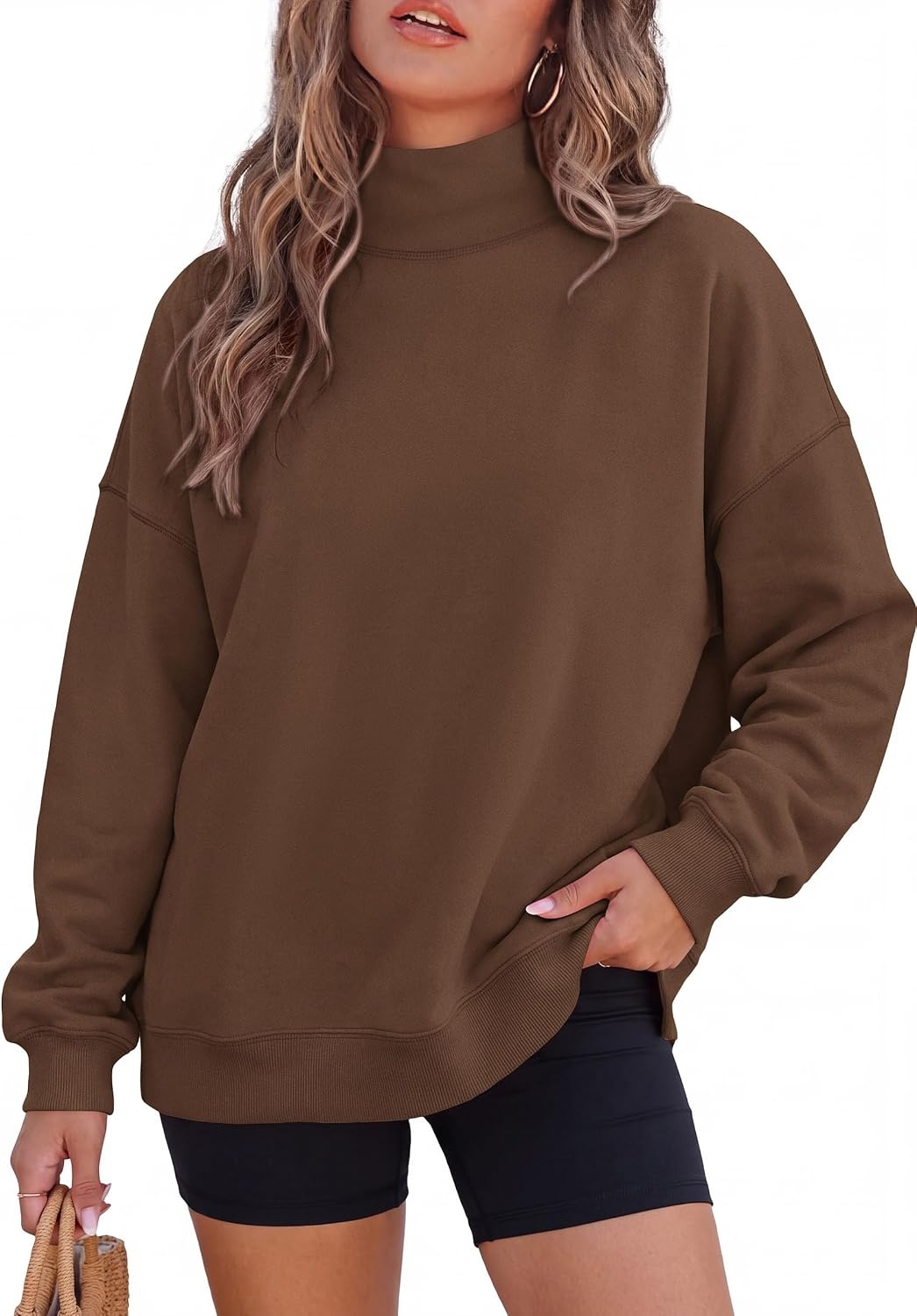 image:imagePRETTYGARDEN Womens Mock Neck Sweatshirt Oversized PulloverBrown