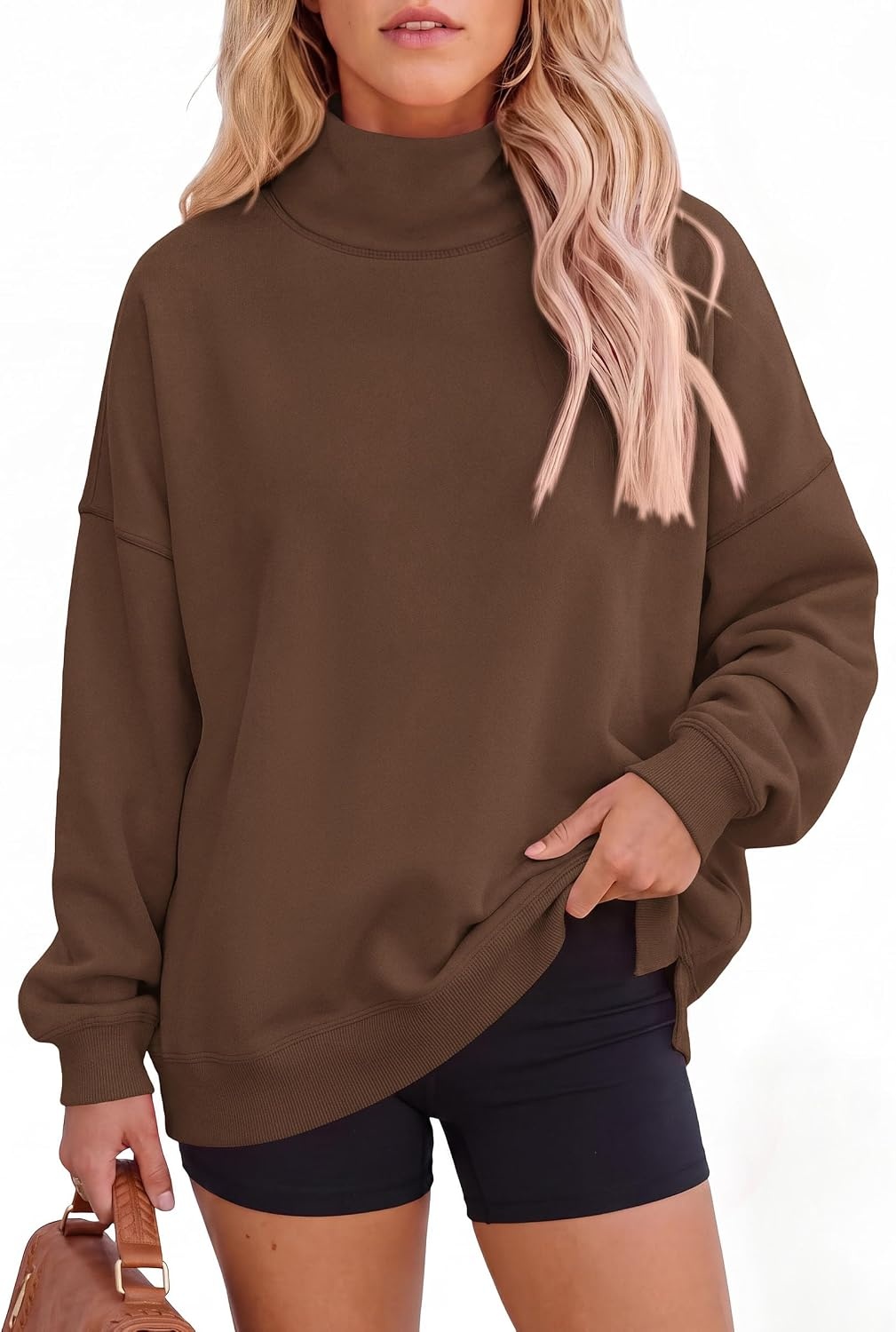 image:imagePRETTYGARDEN Womens Mock Neck Sweatshirt Oversized PulloverBrown