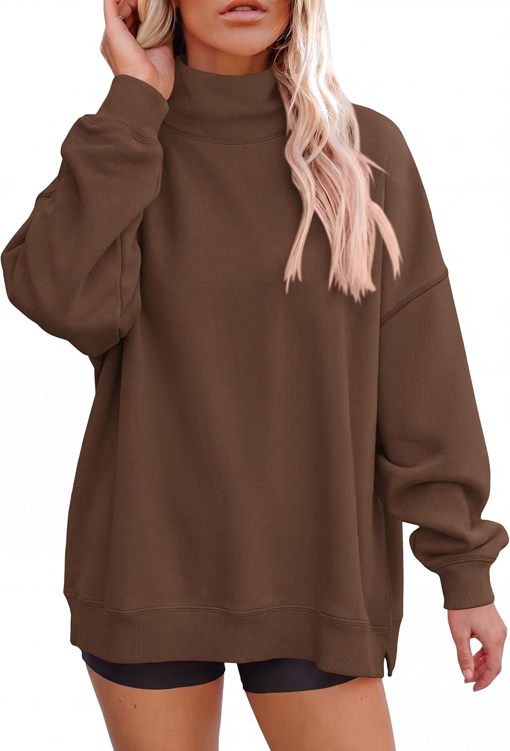 image:imagePRETTYGARDEN Womens Mock Neck Sweatshirt Oversized PulloverBrown
