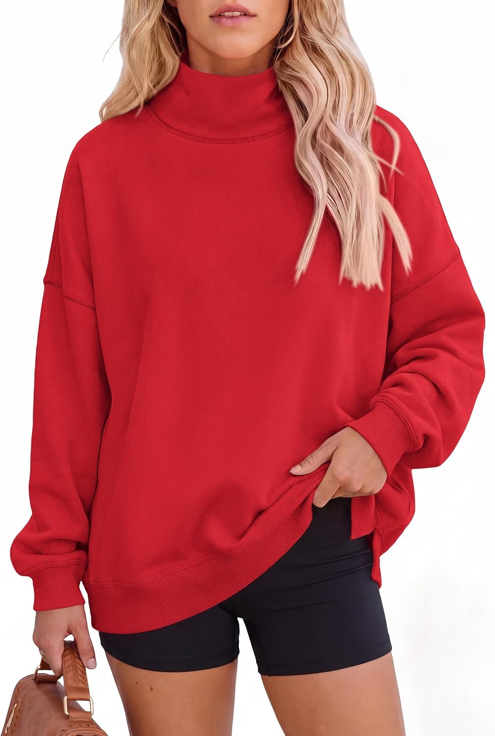 image:imagePRETTYGARDEN Womens Mock Neck Sweatshirt Oversized PulloverRed