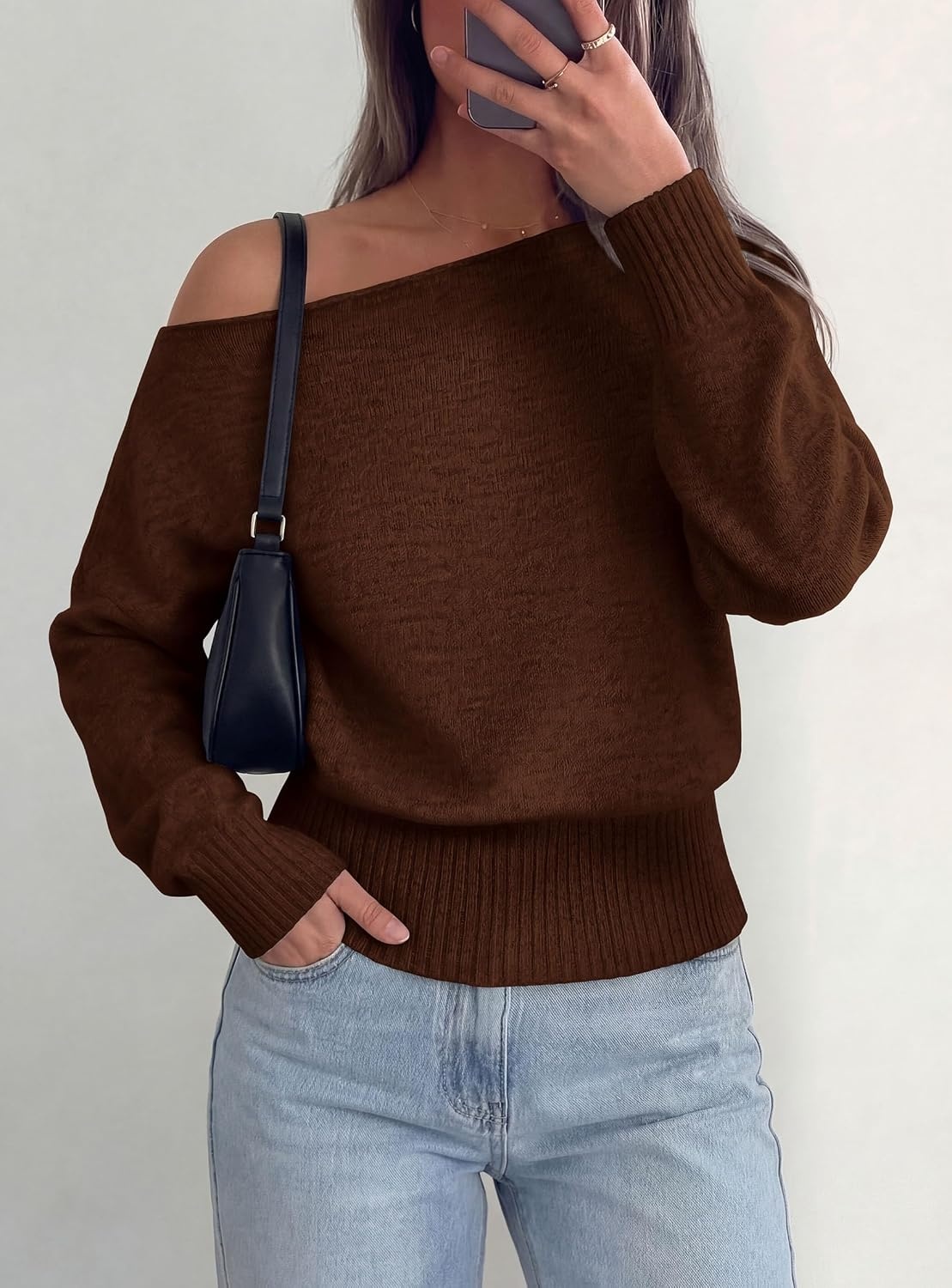 image:imagePRETTYGARDEN Womens Off The Shoulder Sweater Fall FashionBrown
