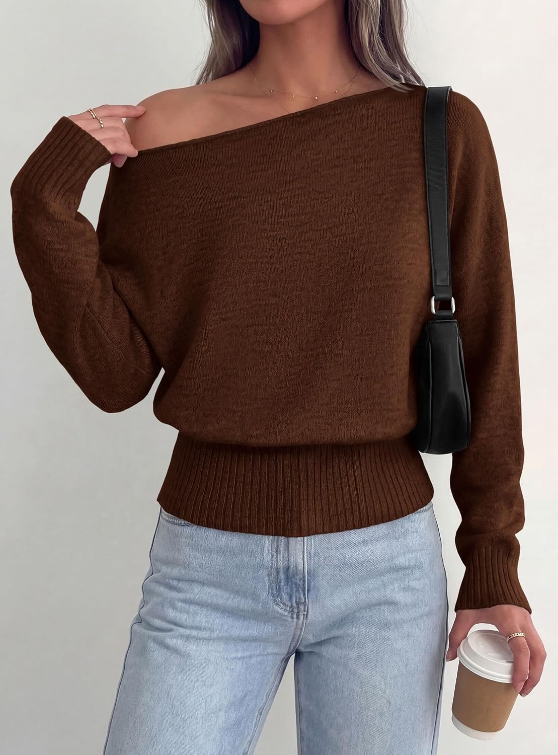 image:imagePRETTYGARDEN Womens Off The Shoulder Sweater Fall FashionBrown